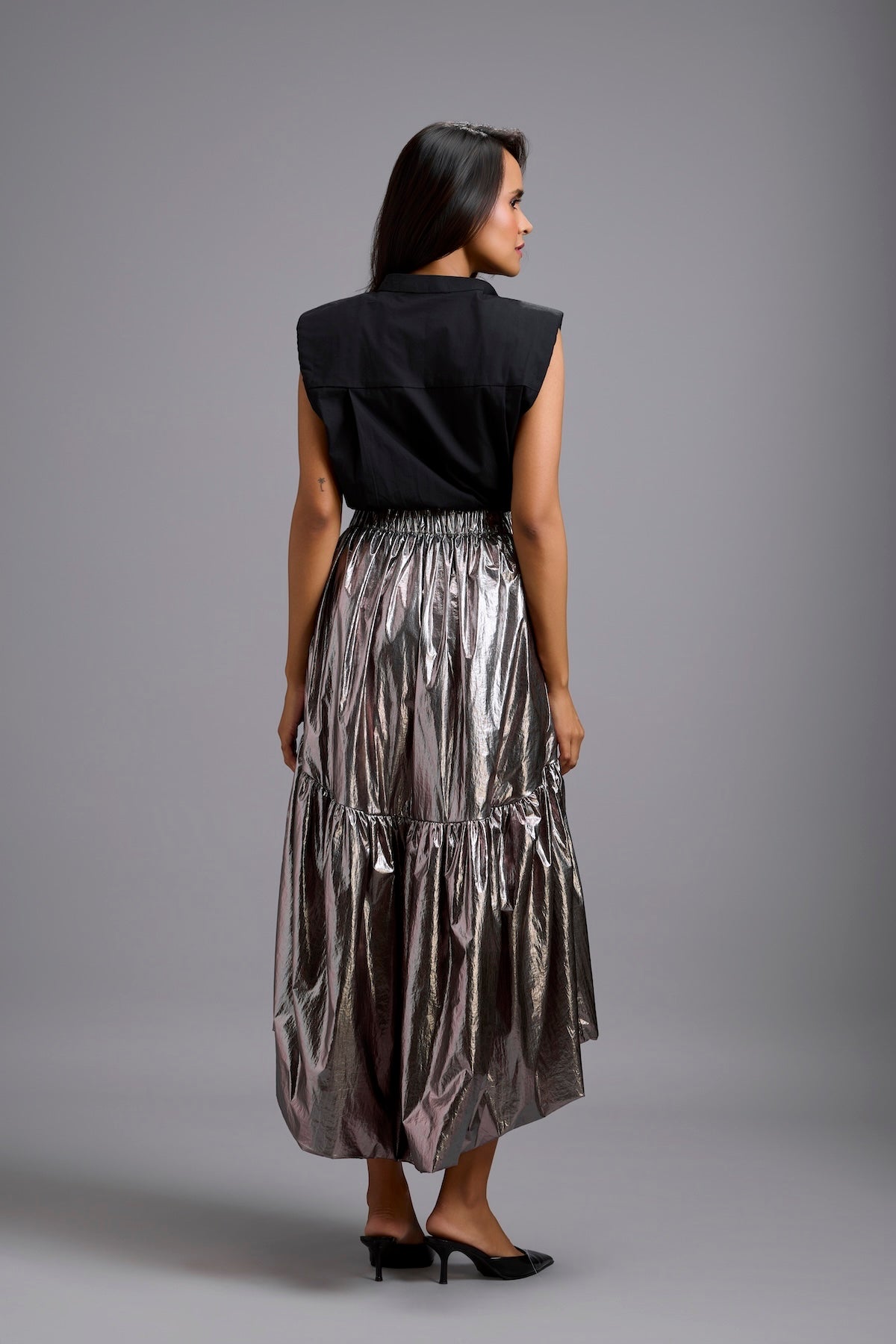 Metallic Gunmetal High-Low Skirt