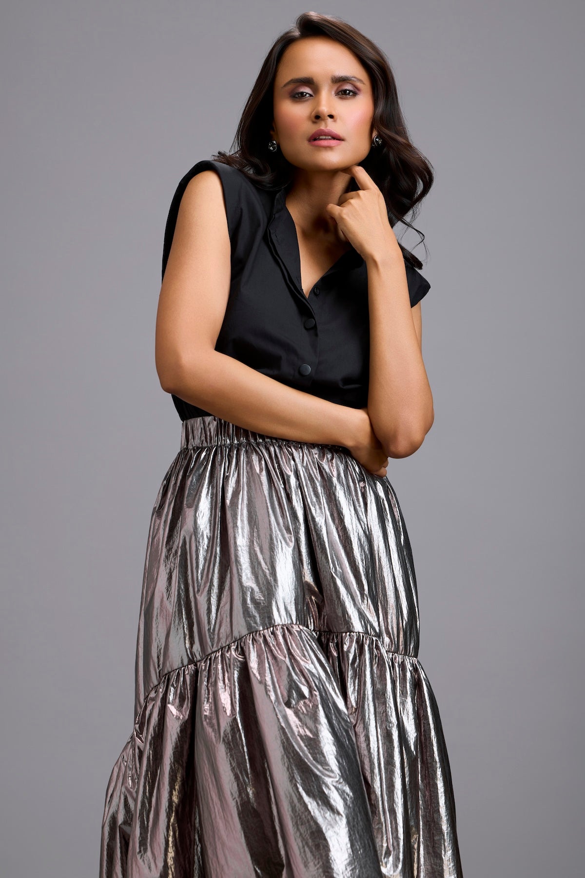 Sleeveless Shirt with Metallic Gunmetal High-Low Skirt