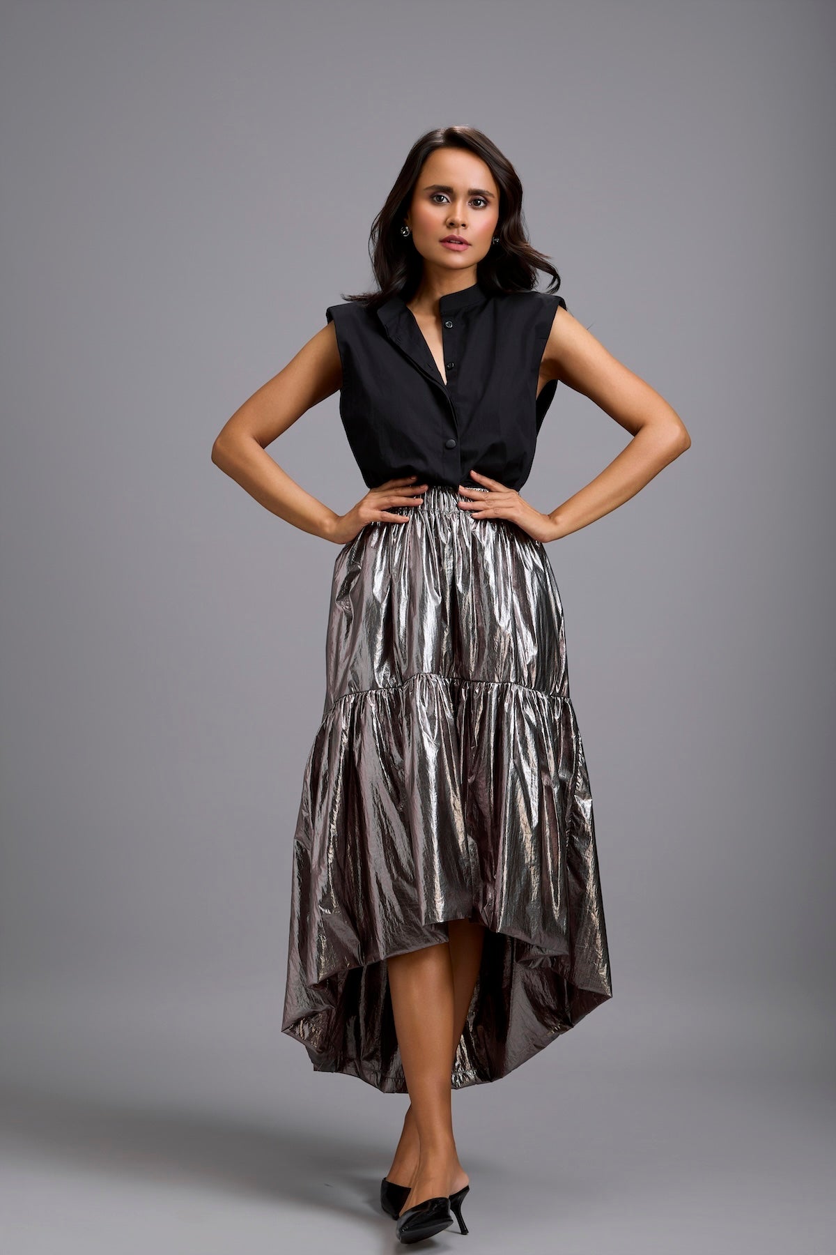 Metallic Gunmetal High-Low Skirt