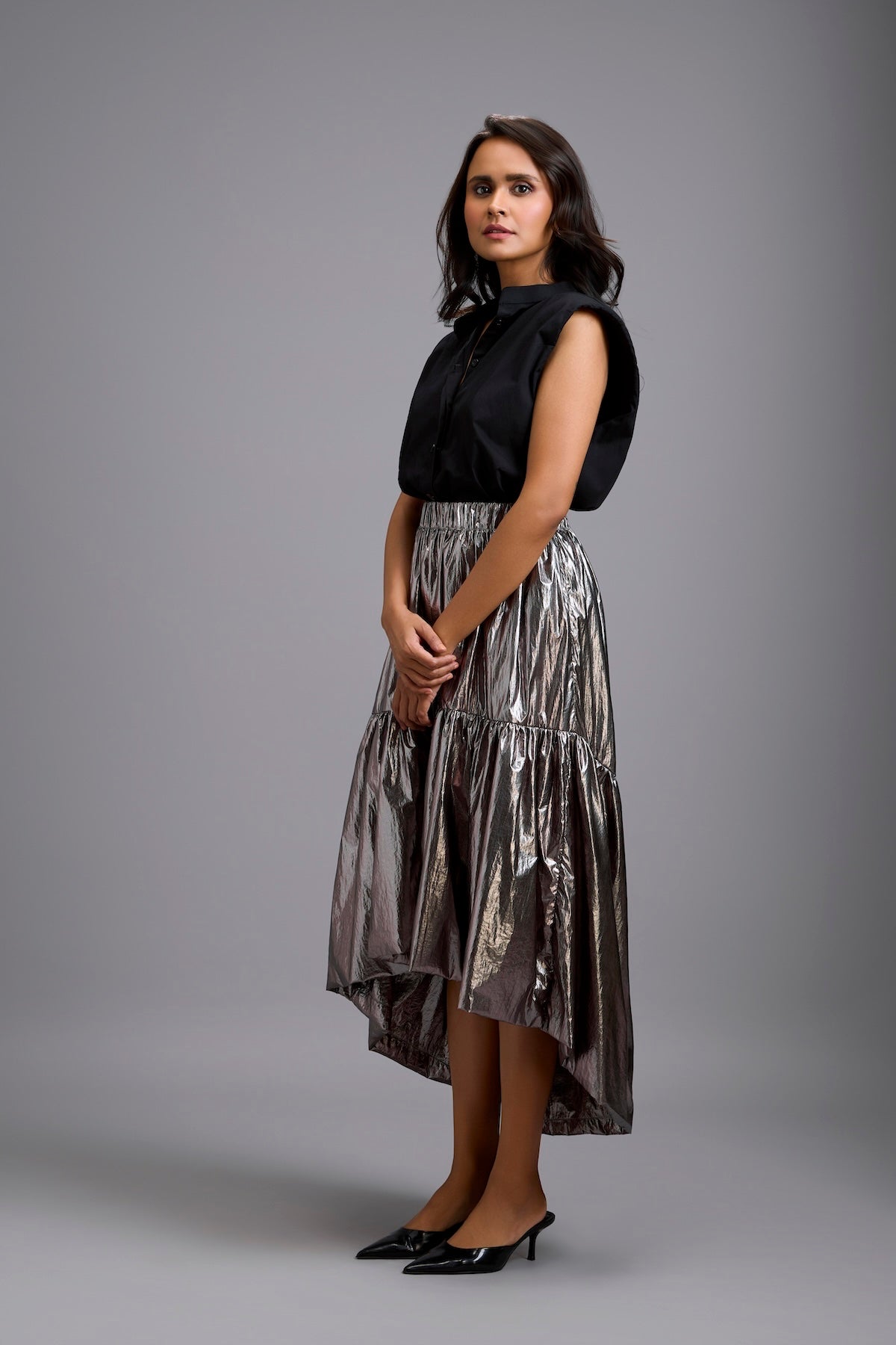 Metallic Gunmetal High-Low Skirt