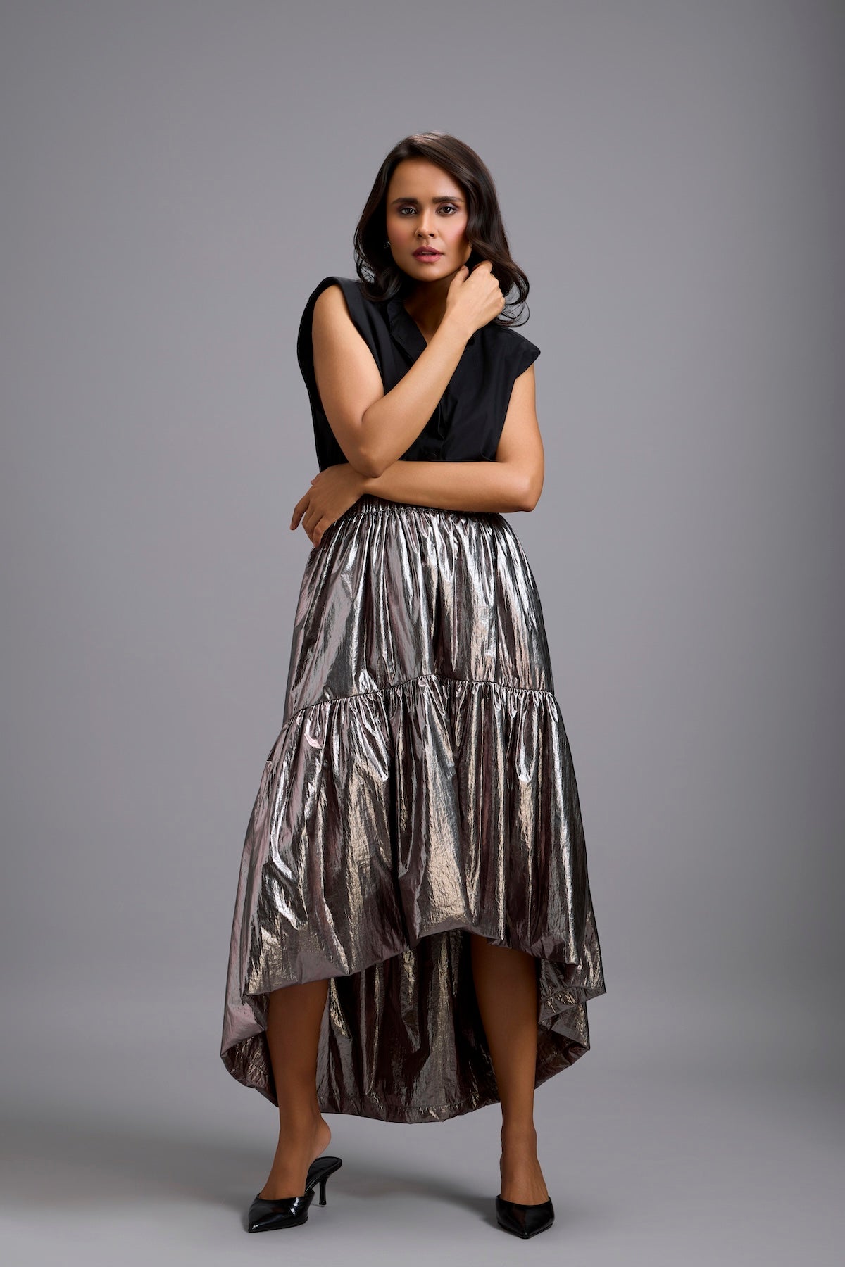 Sleeveless Shirt with Metallic Gunmetal High-Low Skirt