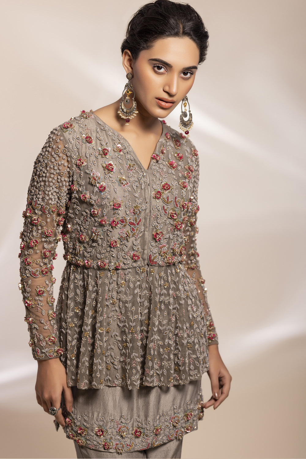 Antique Grey Tulle Peplum Jacket With Embroidered Gharara Ensemble. - Auraya Fashion 