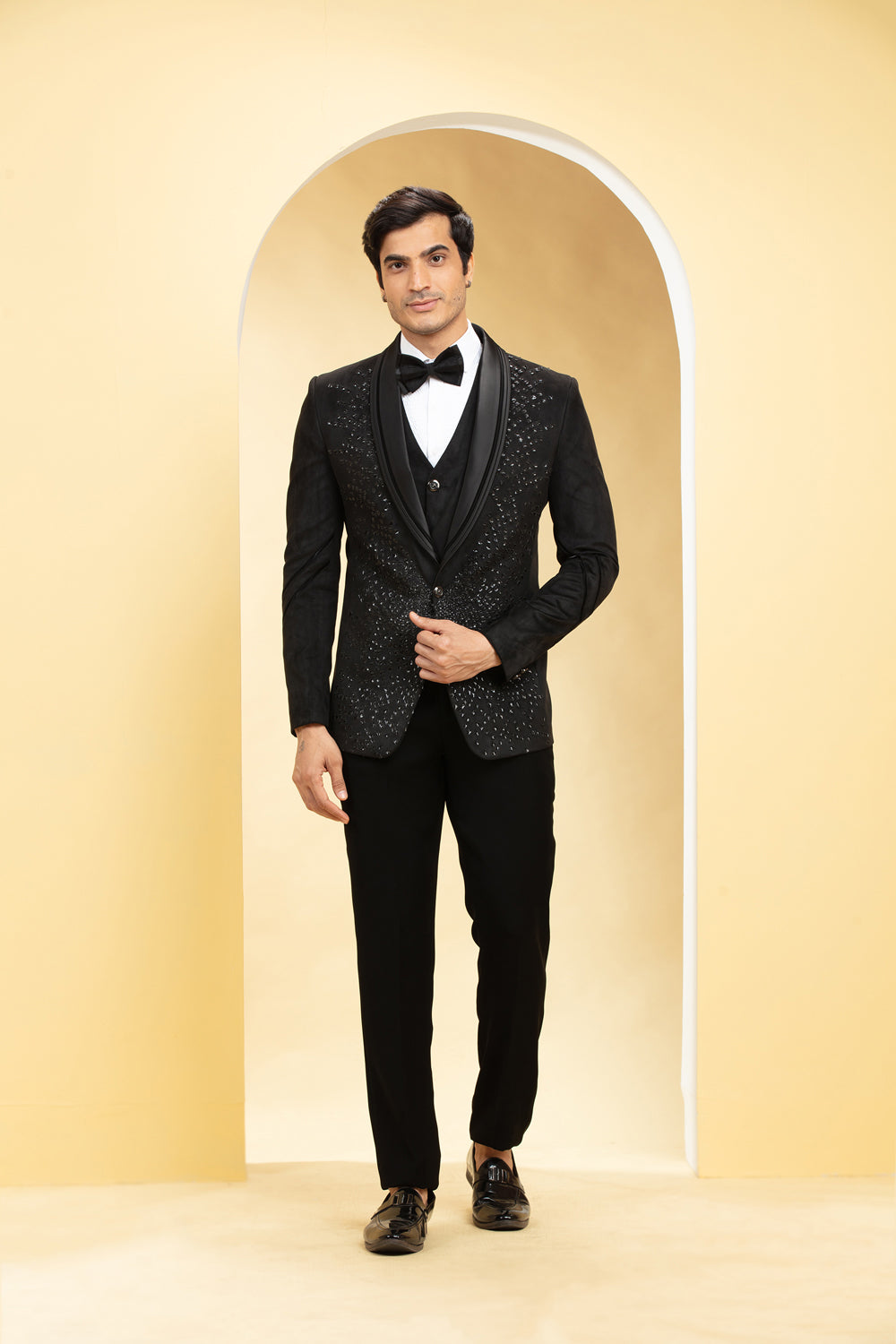 Sable Black Suede Tuxedo Set And Bow Tie With Self Cutdana Work - Auraya Fashion - Riyaasat Men - #tag1# - #tag2# - #tag3# - #tag3#