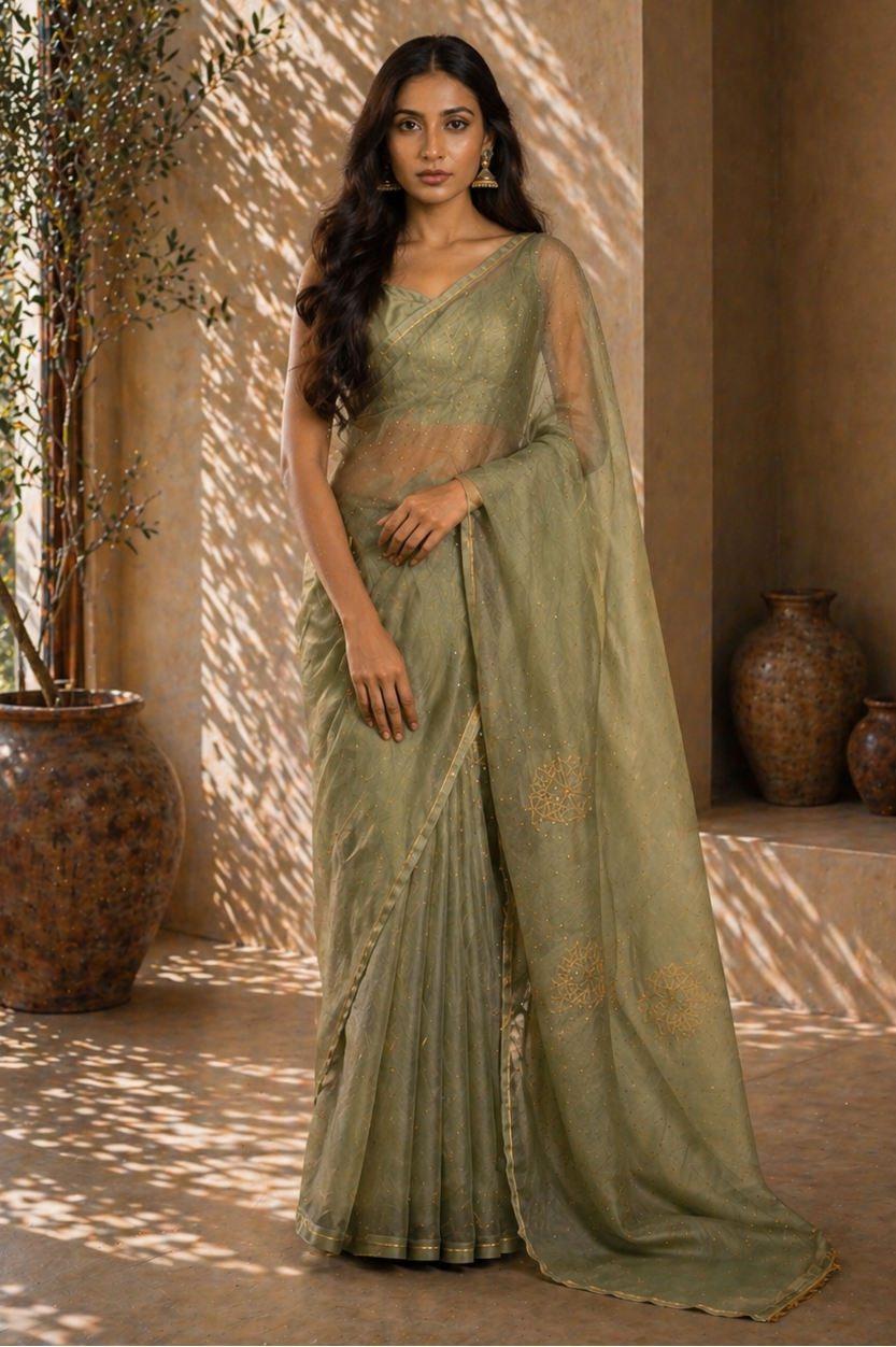 Sage Green Peony Organza Saree