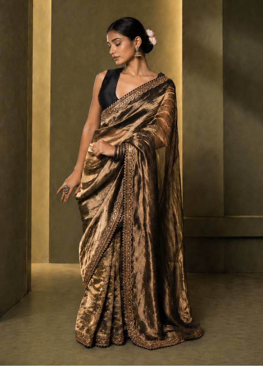 Moonlight Gold Silk Organza Tissue Saree