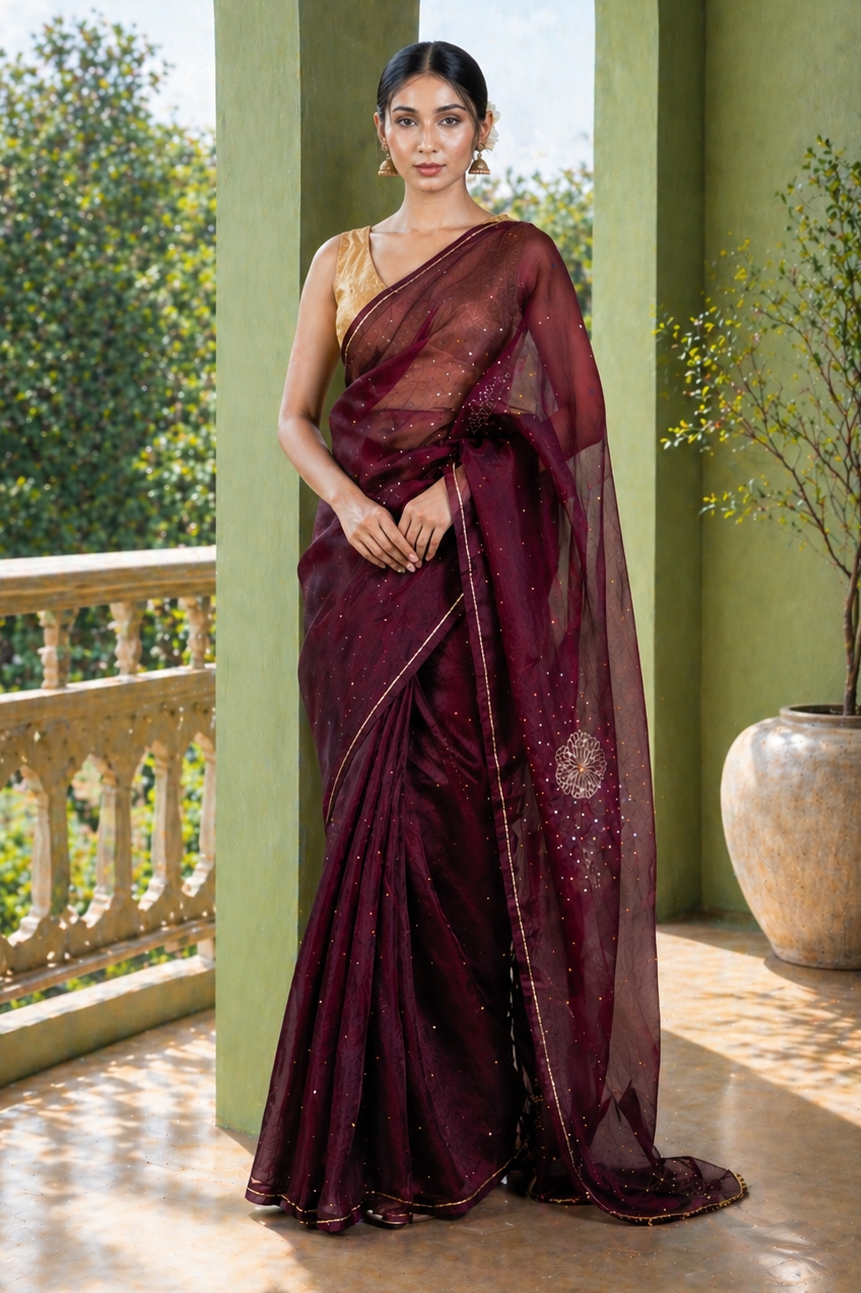 Wine Peony Organza Saree