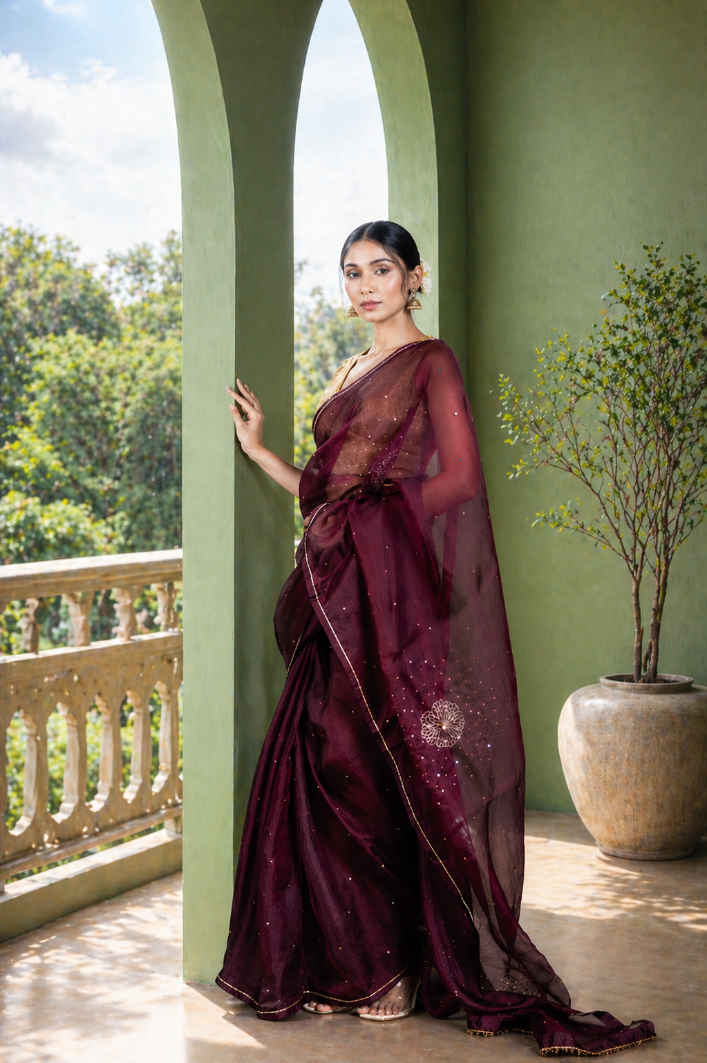 Wine Peony Organza Saree