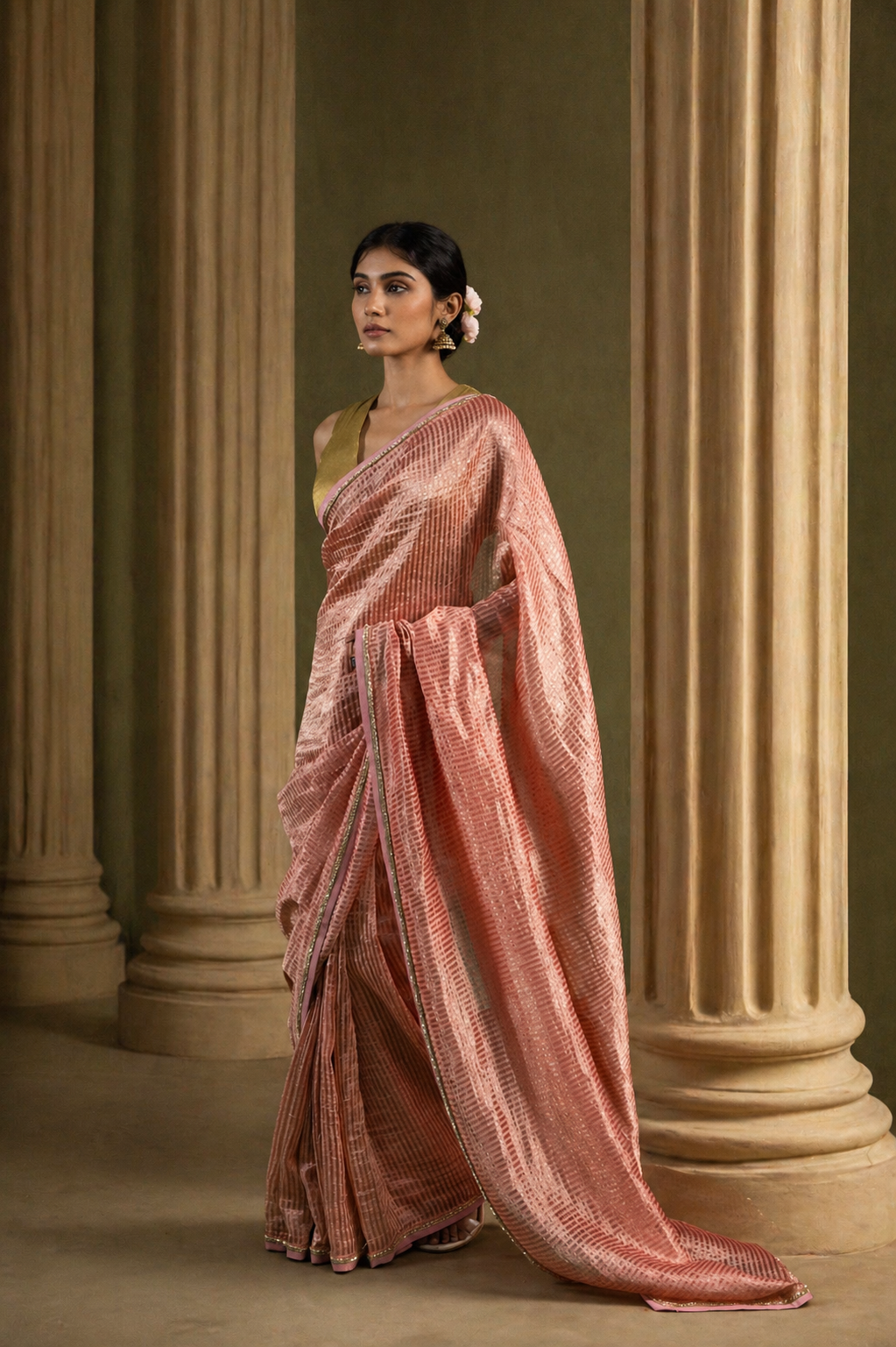 Blush Rust Pure Zari Stripes Saree