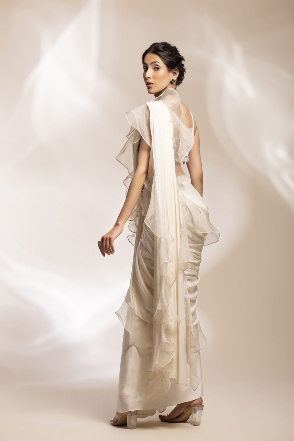 Opulant Organza Drape Saree With Pearl Straps - Auraya Fashion 