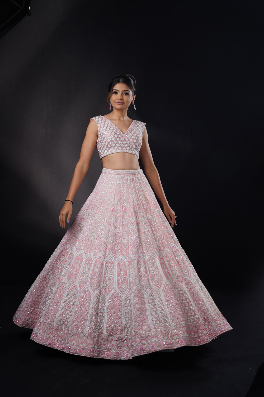 "Pink Moon" Pink Lehenga Set With Ivory Resham Threadwork And Pearl