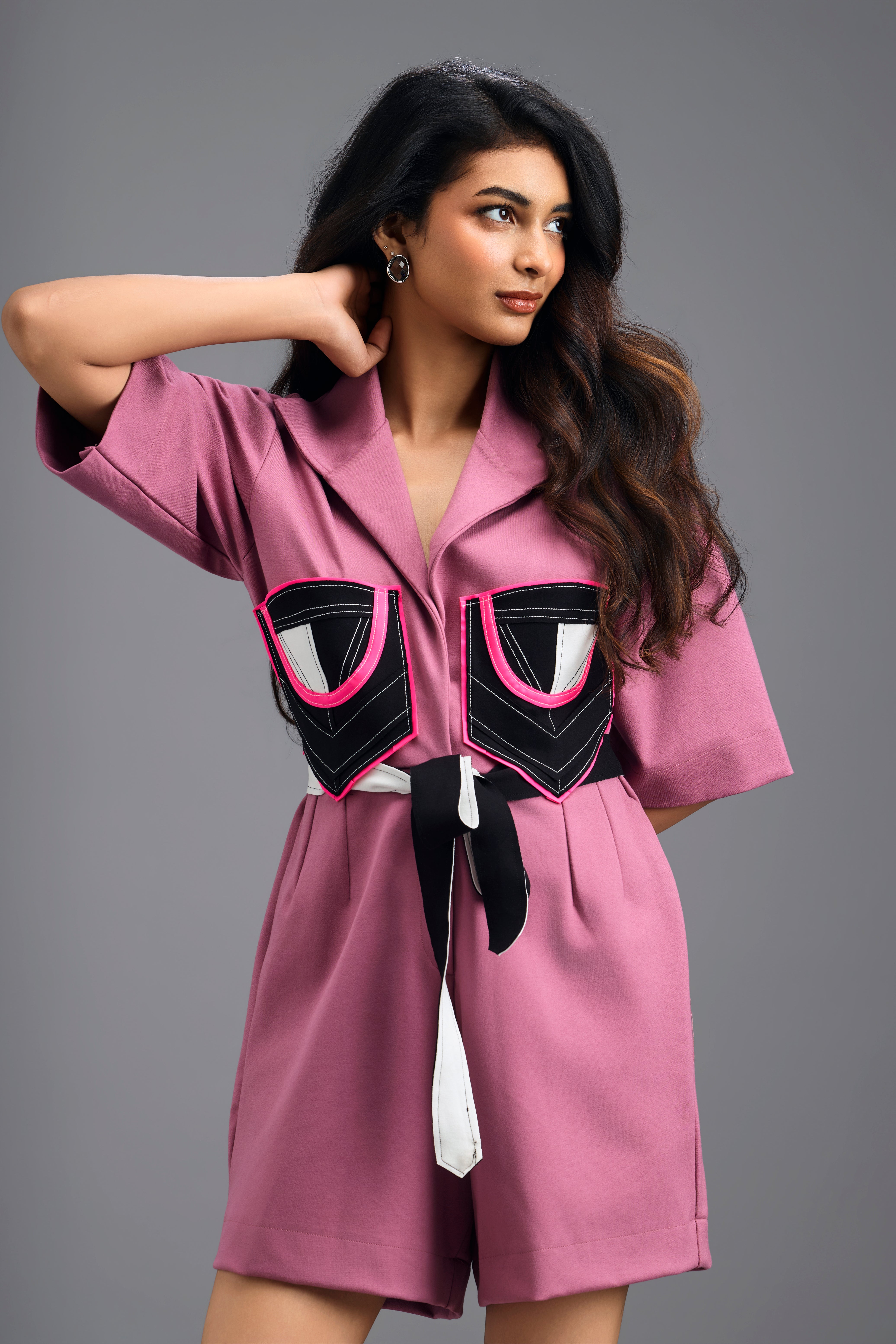 PINK TAILORED PLAYSUIT WITH NEON COLOUR-BLOCK POCKET PANEL
