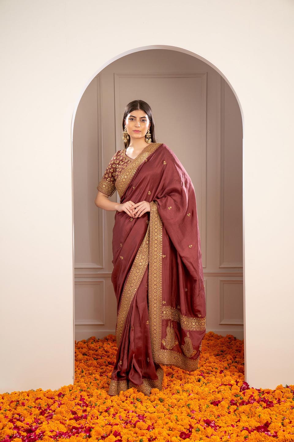 Brick Red Soft Silk Saree With Pita Work - Auraya Fashion - Riyaasat - #tag1# - #tag2# - #tag3# - #tag3#