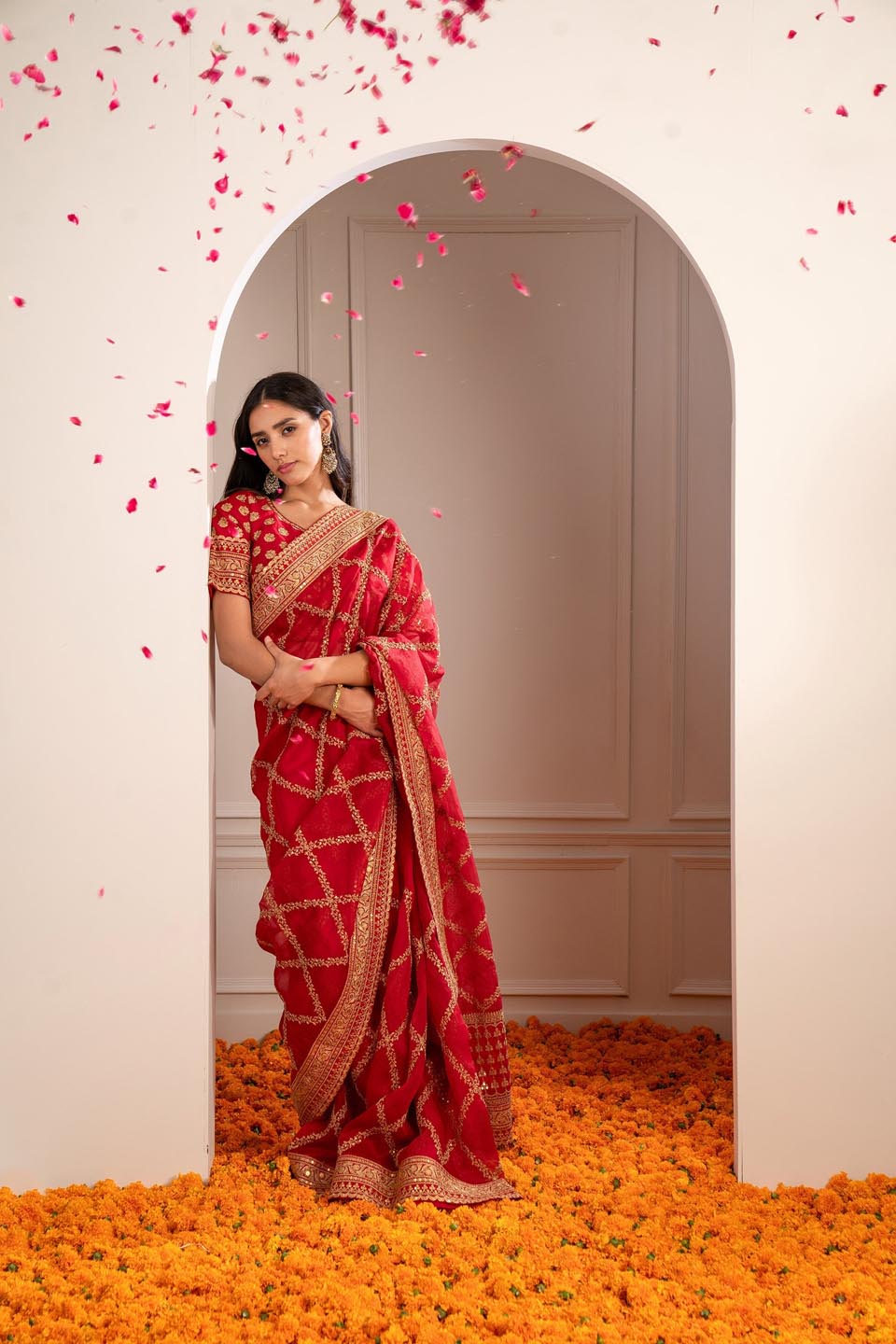 Crimson Red Organza Saree With Pita Work - Auraya Fashion - Riyaasat - #tag1# - #tag2# - #tag3# - #tag3#