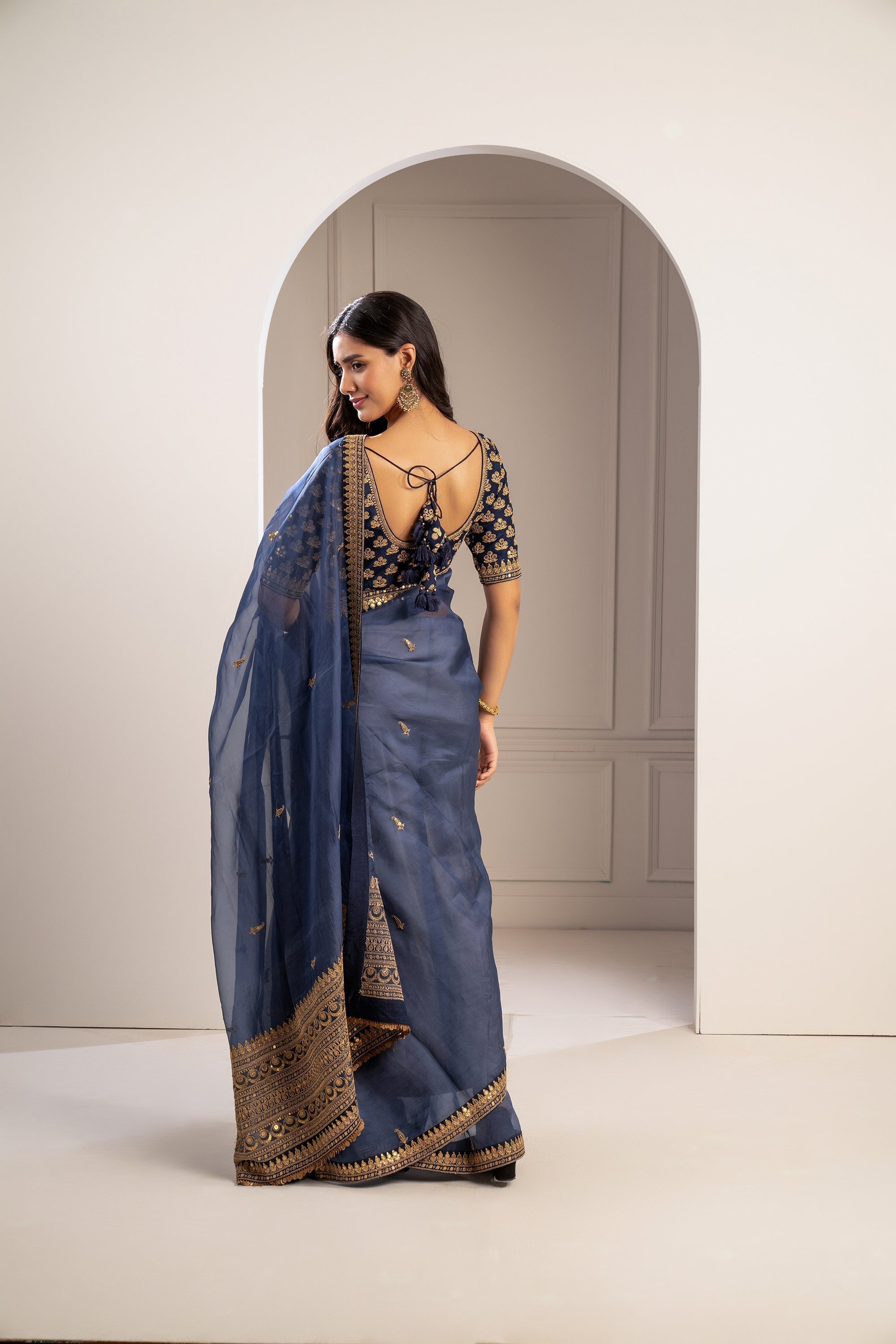 Indigo Blue Machine Embroidered Organza Saree - Auraya Fashion -  - #tag1# - #tag2# - #tag3# - #tag3#