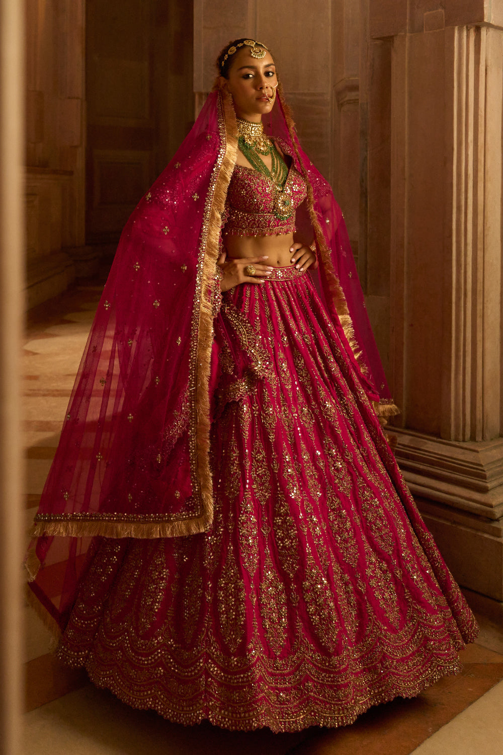 Fuchsia Red Raw Silk Bridal Lehenga with Antique Zardozi Work