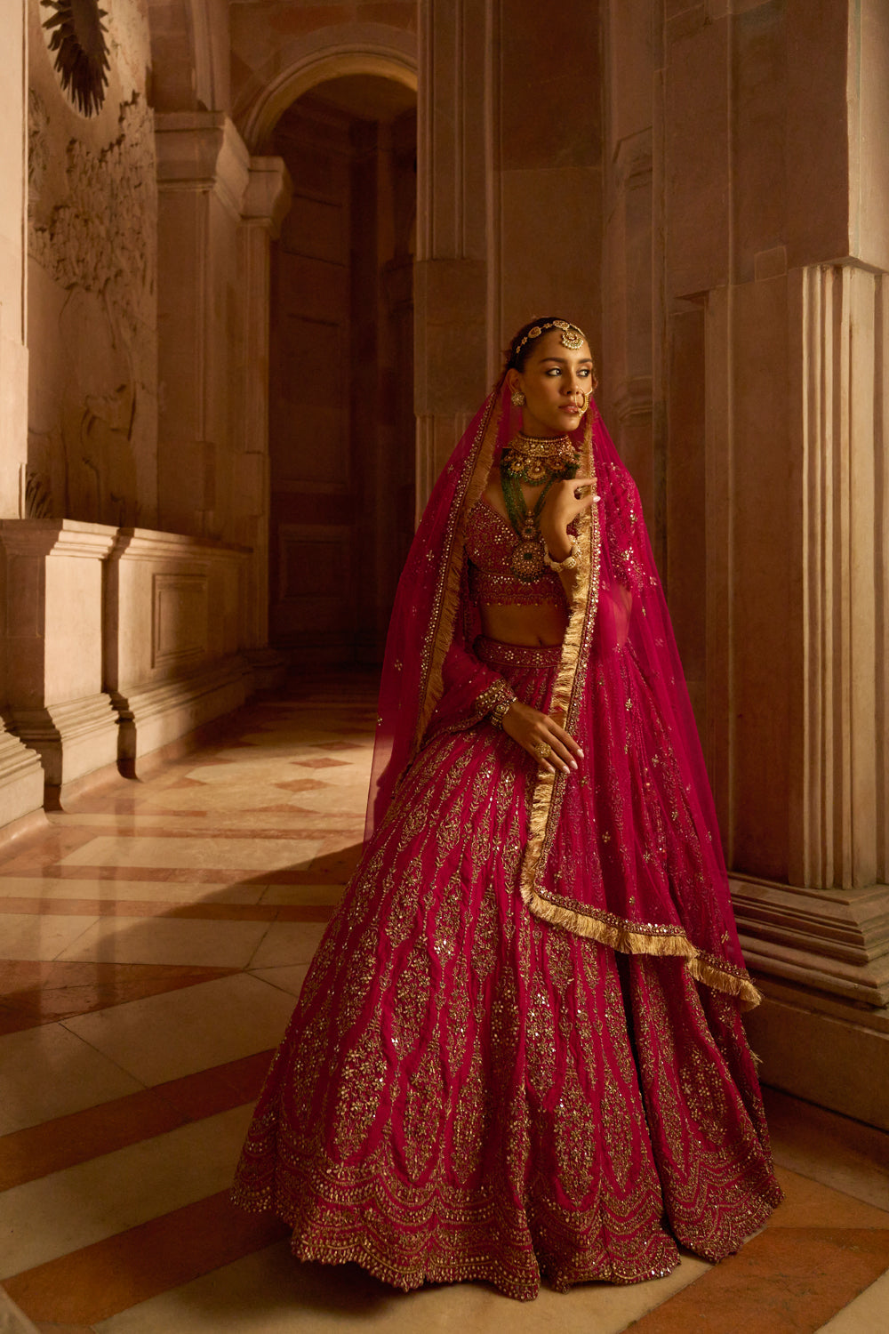 Fuchsia Red Raw Silk Bridal Lehenga with Antique Zardozi Work