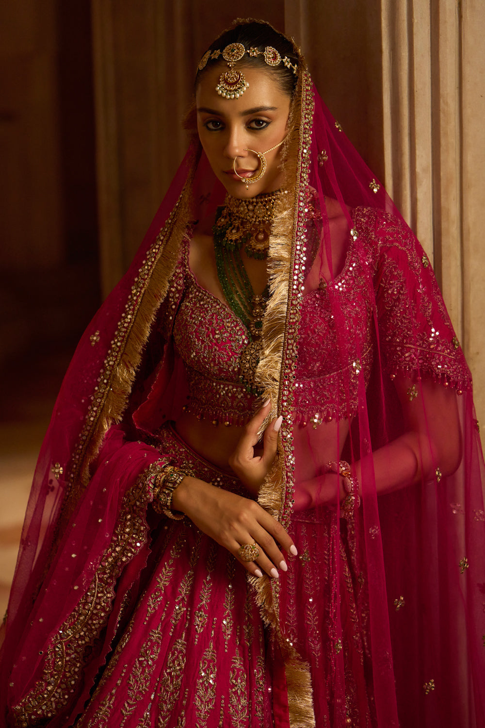 Fuchsia Red Raw Silk Bridal Lehenga with Antique Zardozi Work