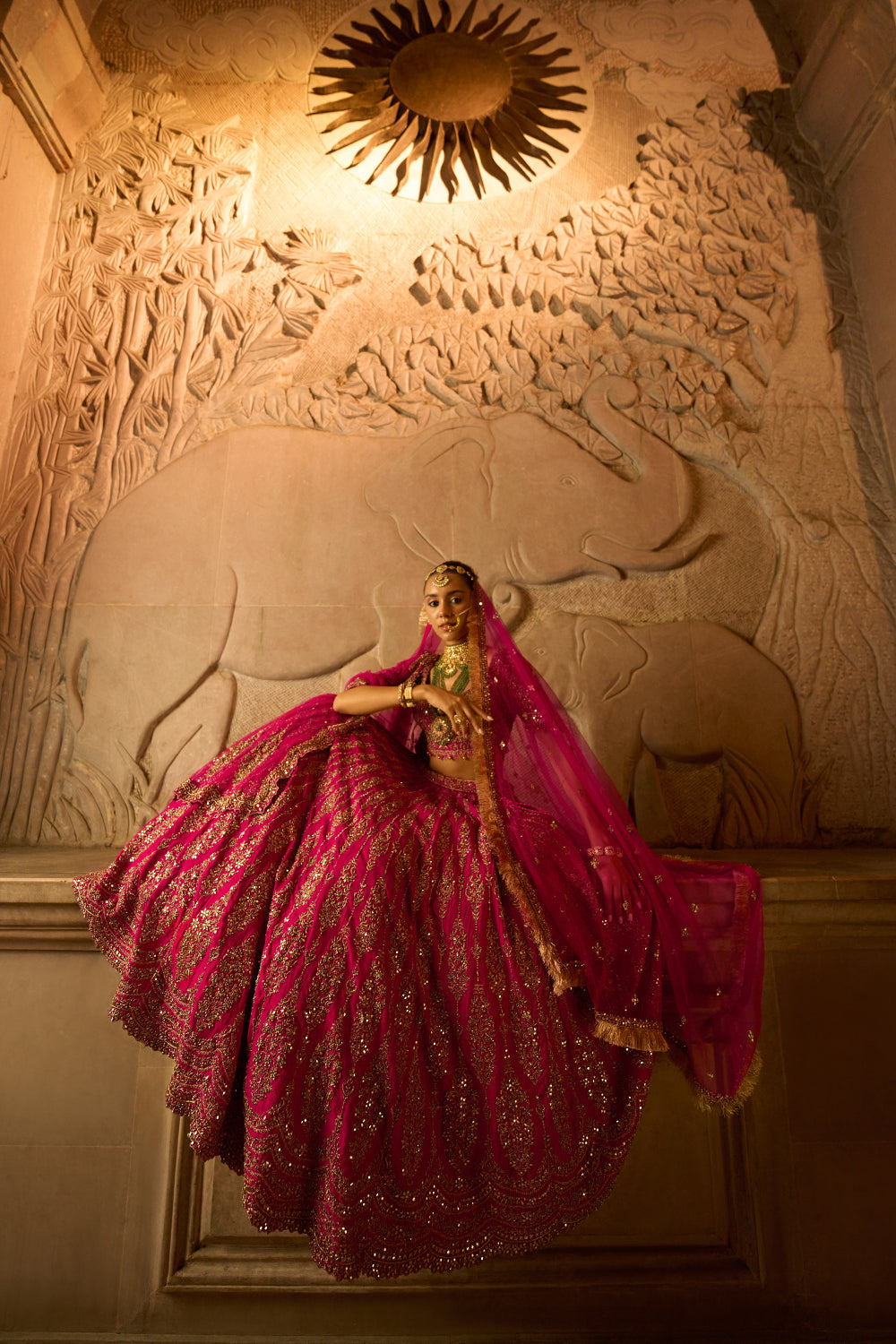 Fuchsia Red Raw Silk Bridal Lehenga with Antique Zardozi Work