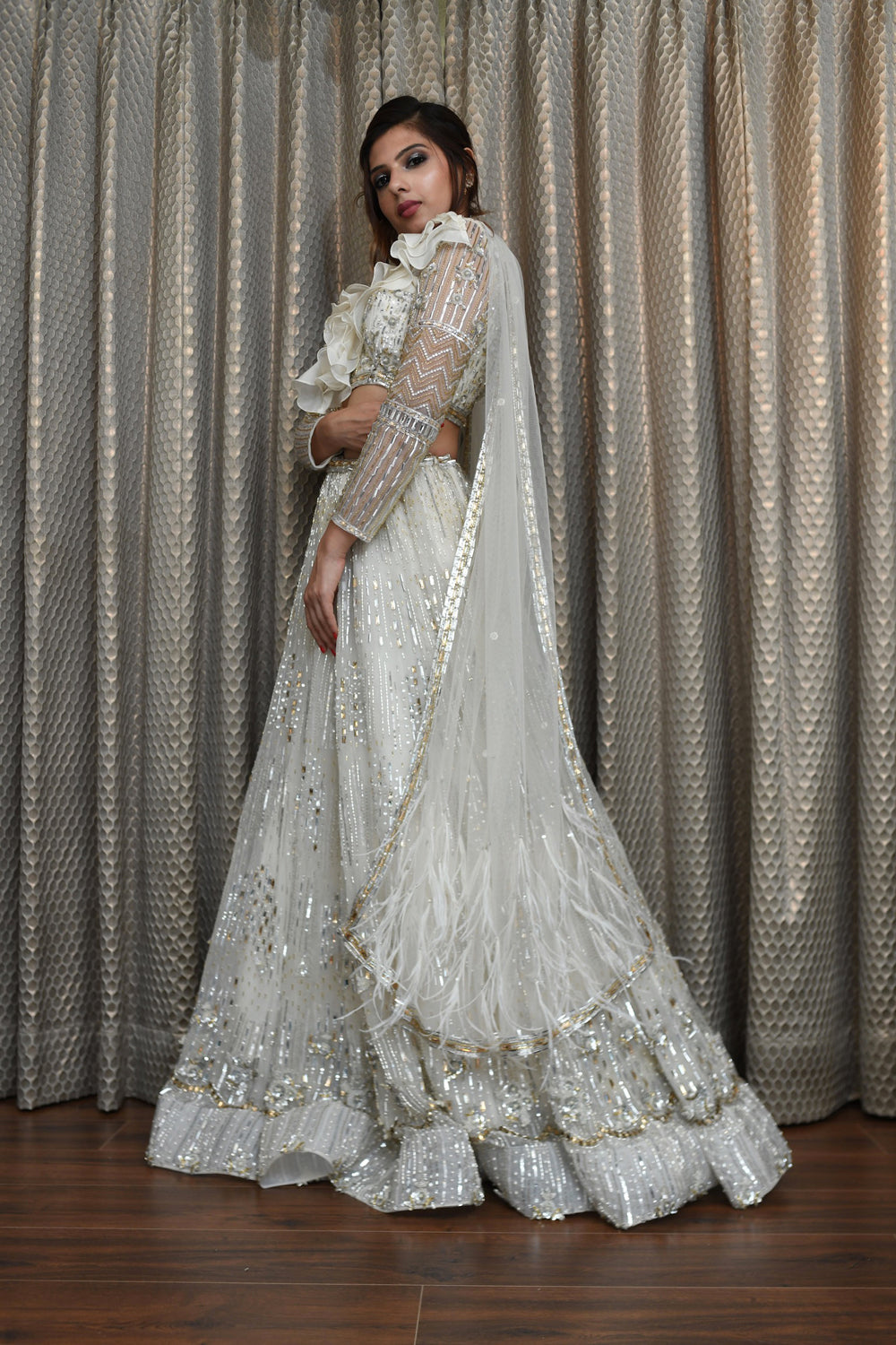 "Gabriella" Ivory Lehenga With Crystal And Sequin Hand Embroidery Lehenga Set