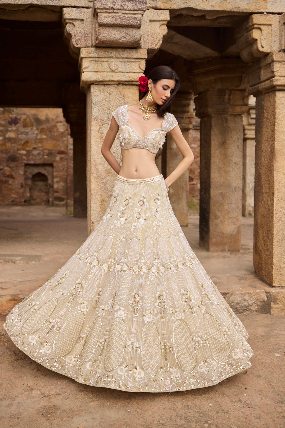 "Gaia" Golden & Ivory Resham Hand Embroidered Lehenga Set