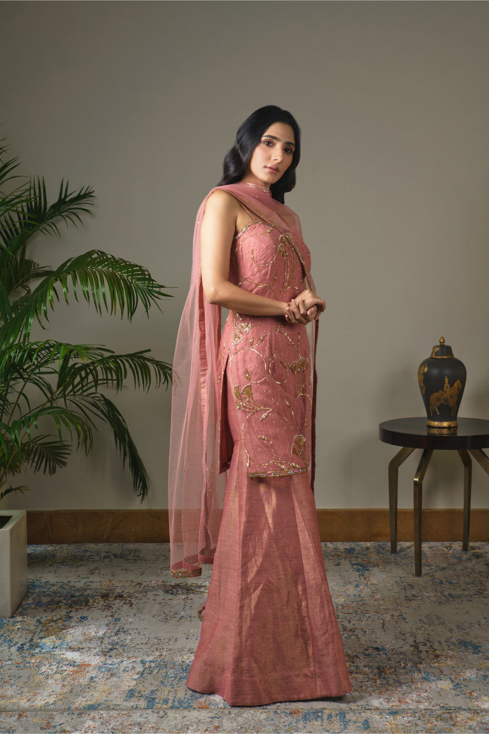 Dusty Pink Tulle Kurti  Paired With Kasab Silk Gharara And Dupatta - Auraya Fashion 