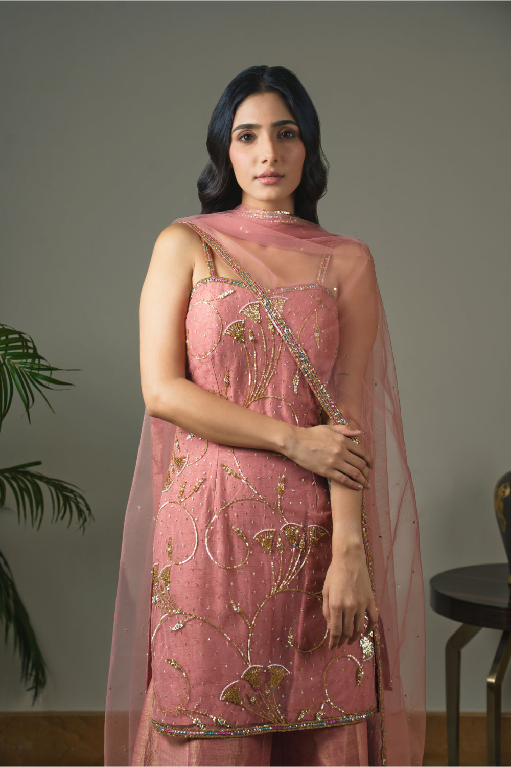 Dusty Pink Tulle Kurti  Paired With Kasab Silk Gharara And Dupatta - Auraya Fashion 