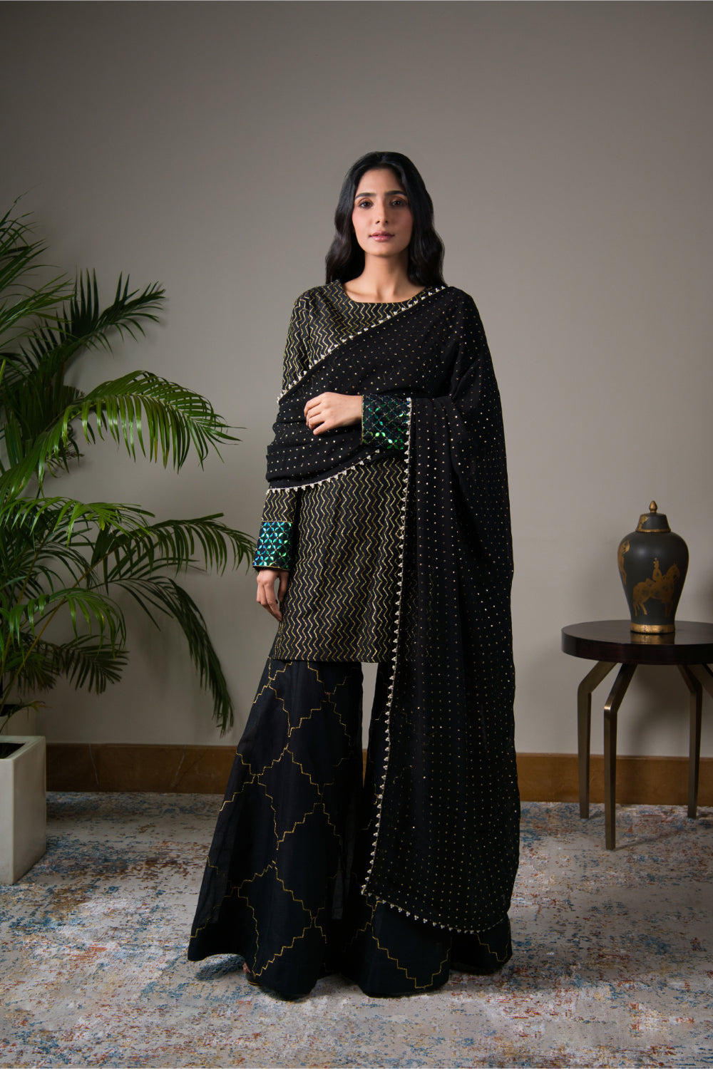 Black Chanderi Silk Kurti Paired With Gharara And Dupatta - Auraya Fashion - Guldavari - 