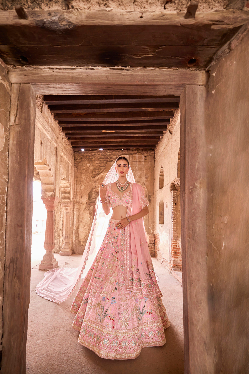 "Gaurika" Pink Zardosi & Resham Hand Embroidered Bridal Lehenga Set