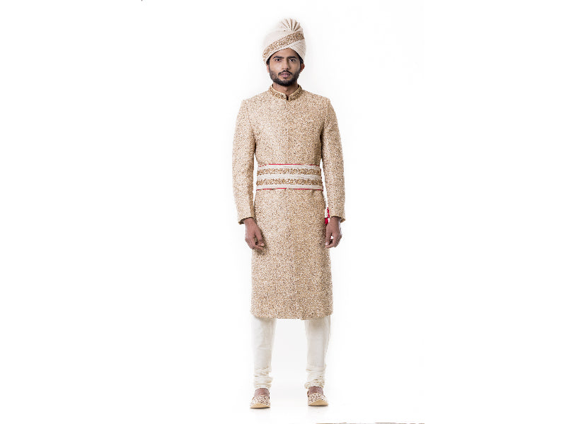 Cream Kurta with Zadi Embroidered Beige Sherwani set
