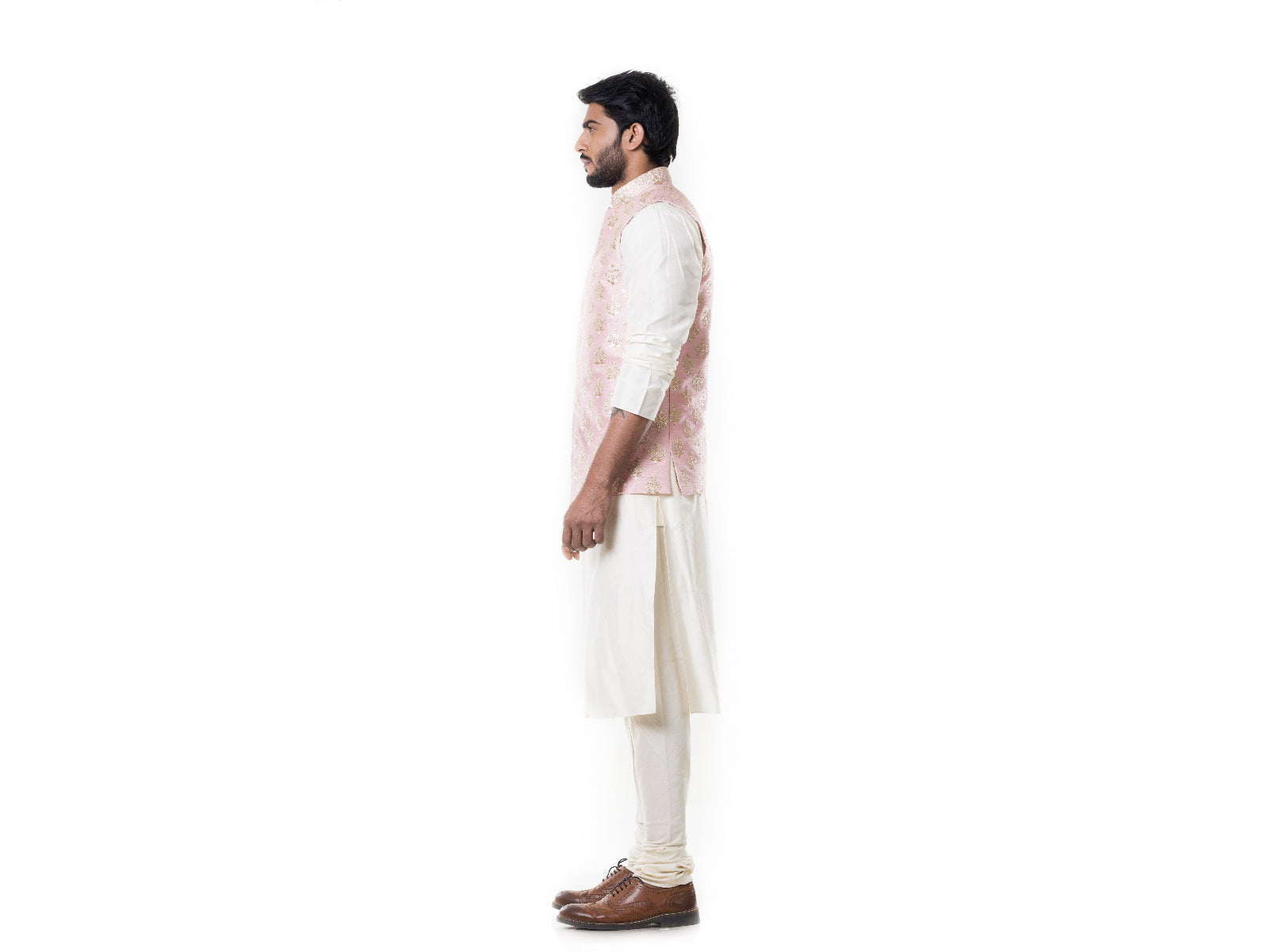 Cream Kurta with Zadi Embroidered Pink Waist Coat