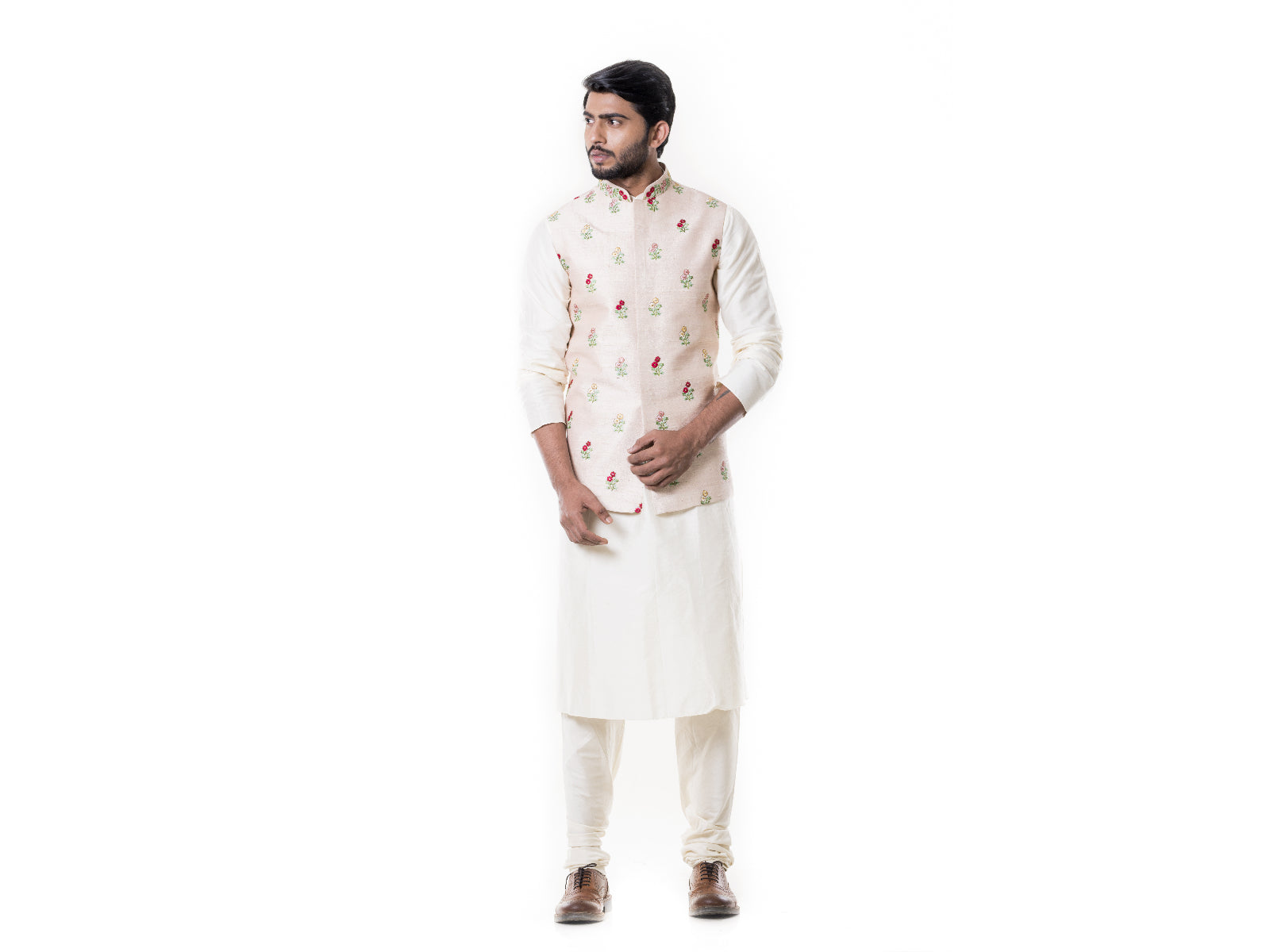 Cream Kurta with  Light Peach Waist Coat Set.