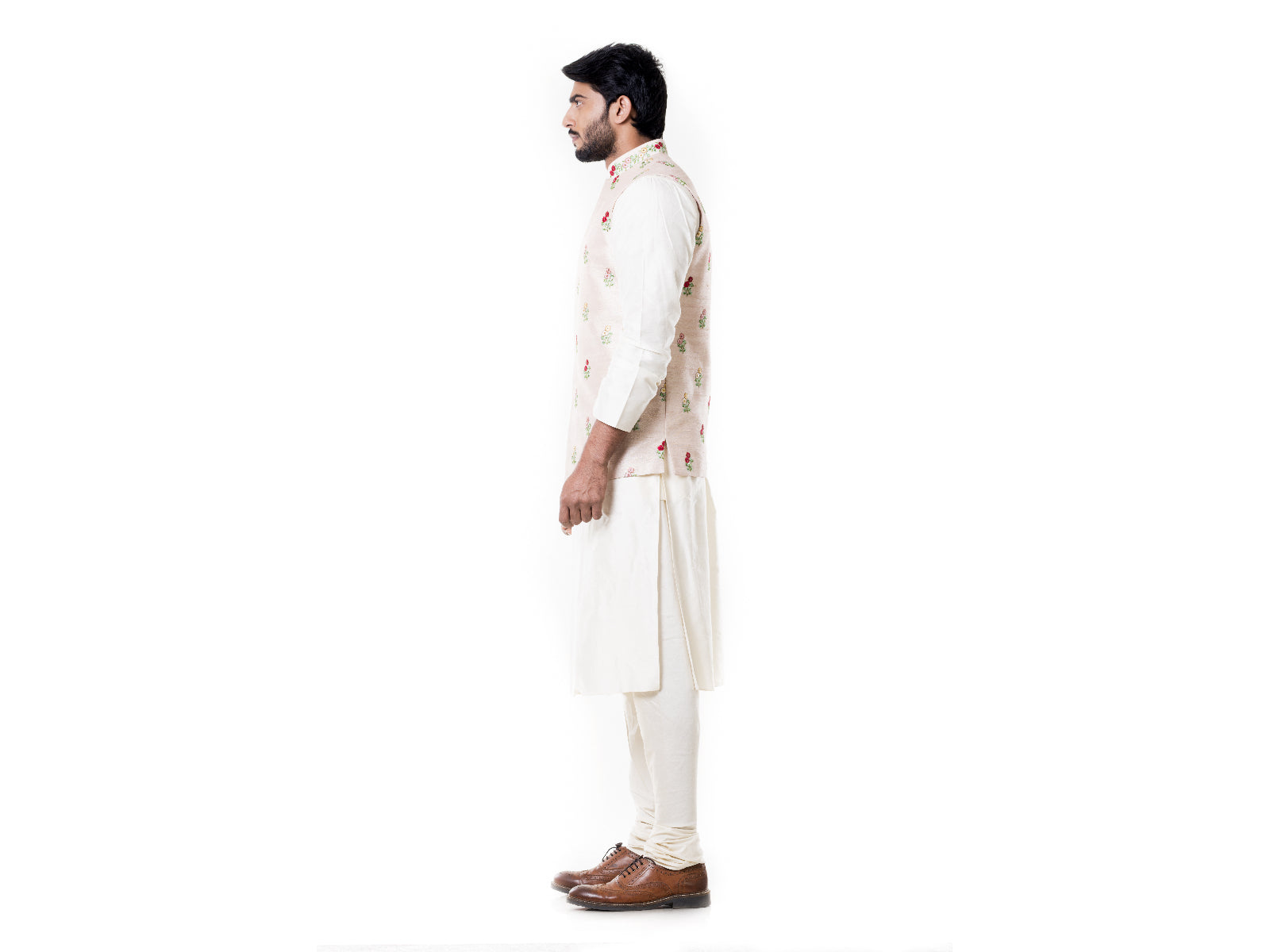 Cream Kurta with  Light Peach Waist Coat Set.