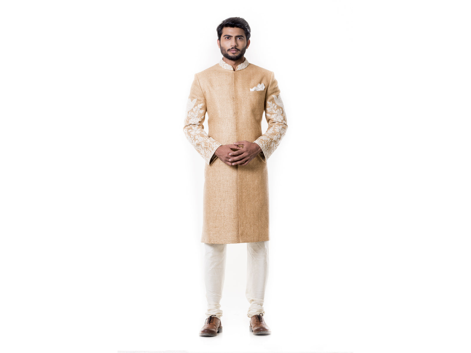 Cream Kurta with Hand Embroidered Beige Sherwani set