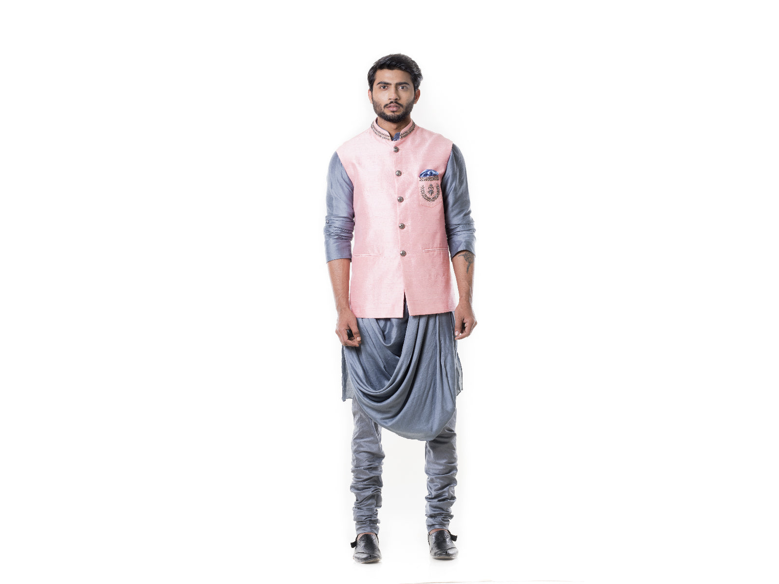 Grey Cowl Kurta with Pink Silk Waist Coat