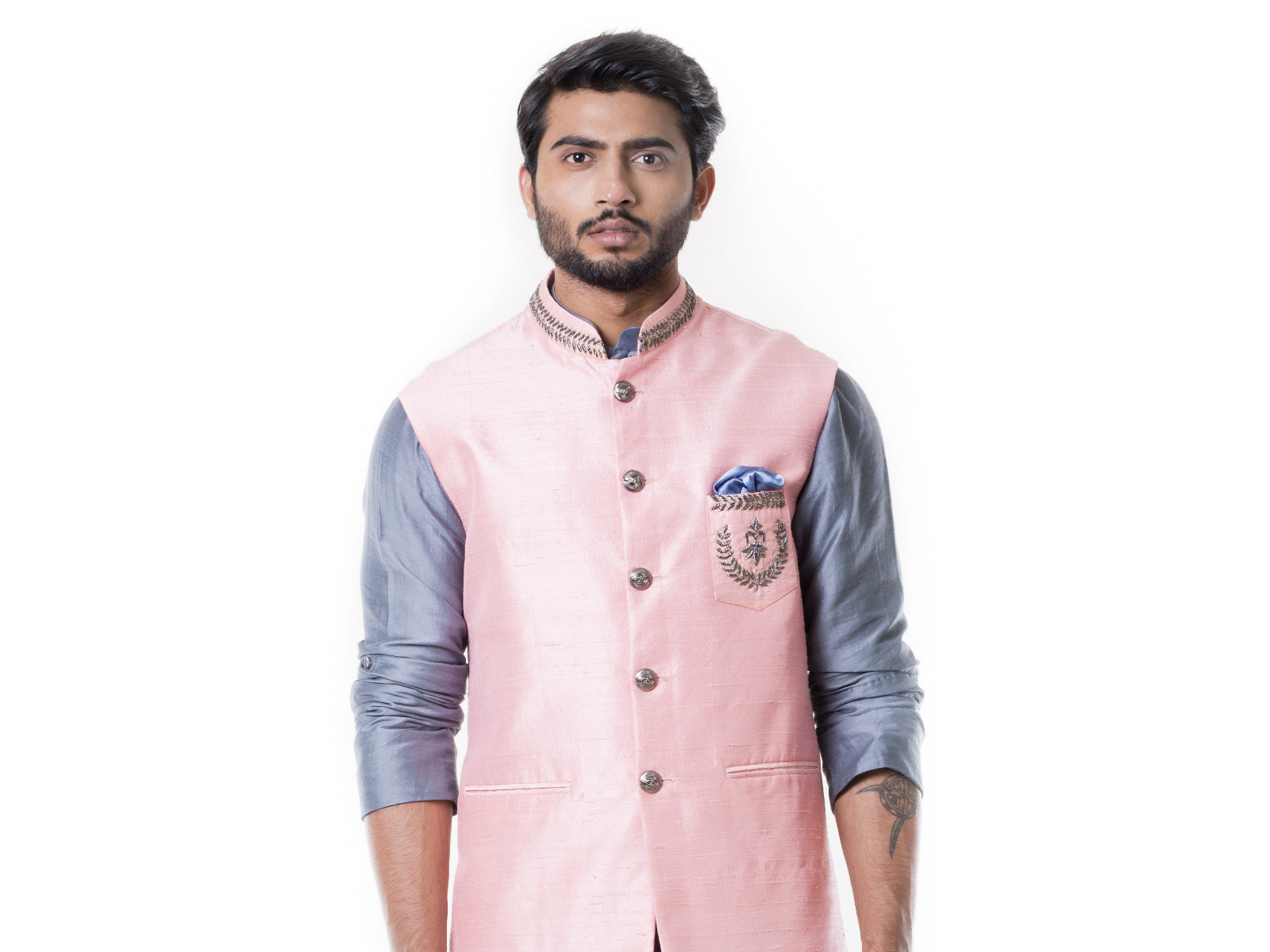 Grey Cowl Kurta with Pink Silk Waist Coat