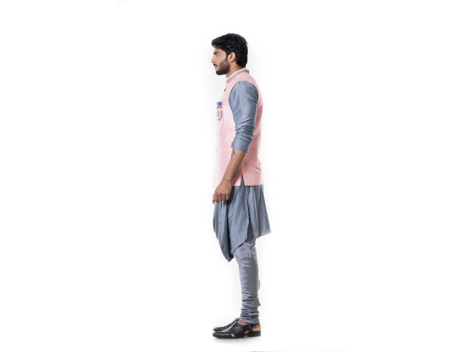 Grey Cowl Kurta with Pink Silk Waist Coat