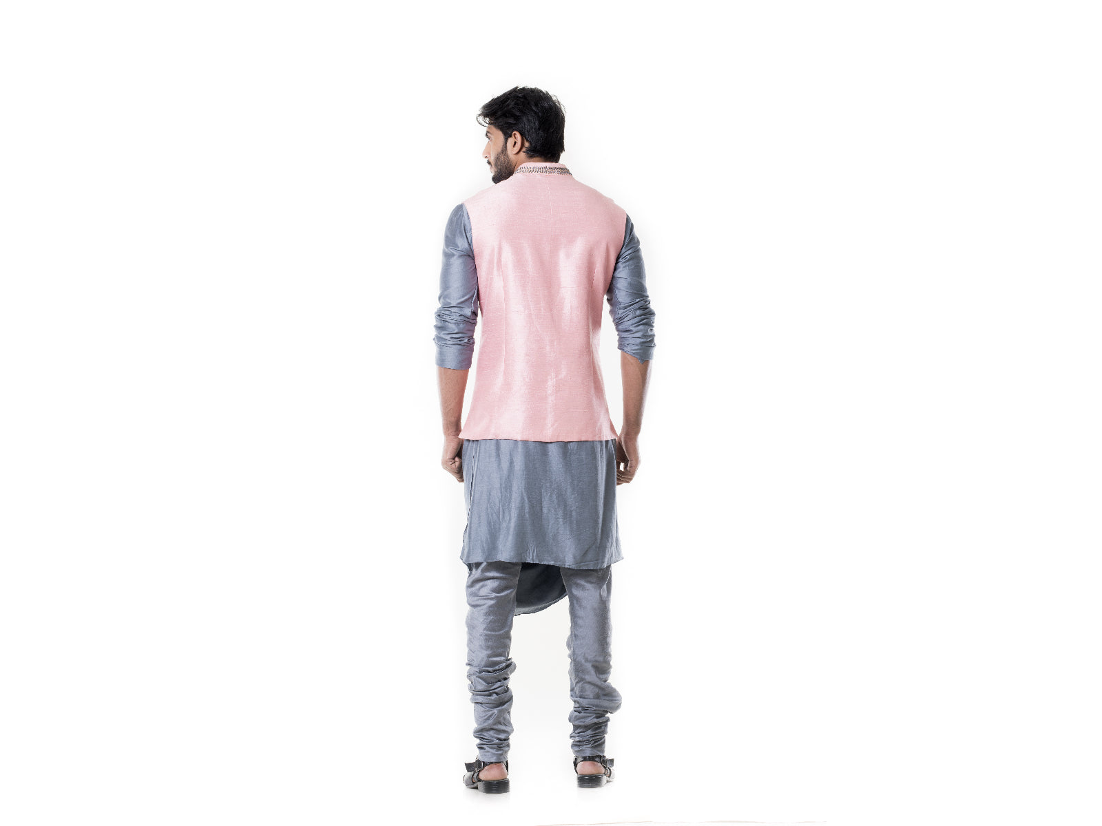 Grey Cowl Kurta with Pink Silk Waist Coat