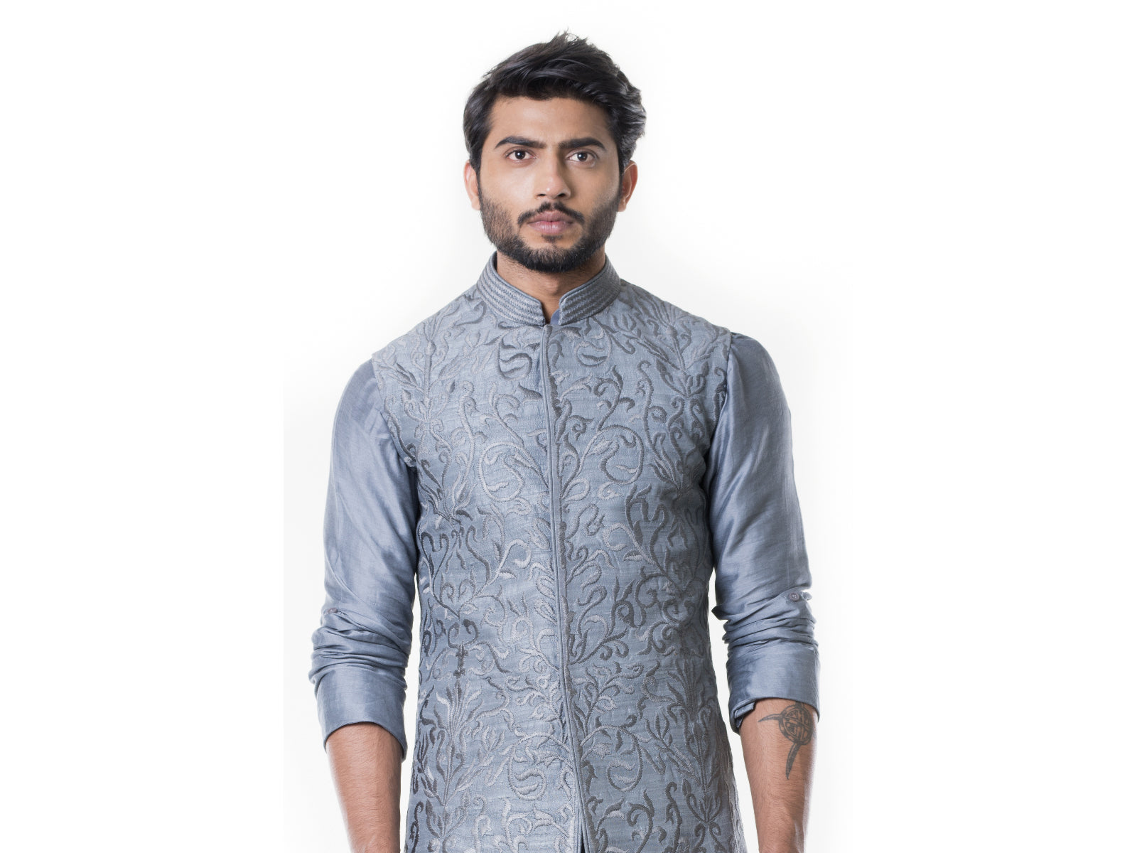 Grey Cowl Kurta with Full Embroidered Grey Waist Coat set