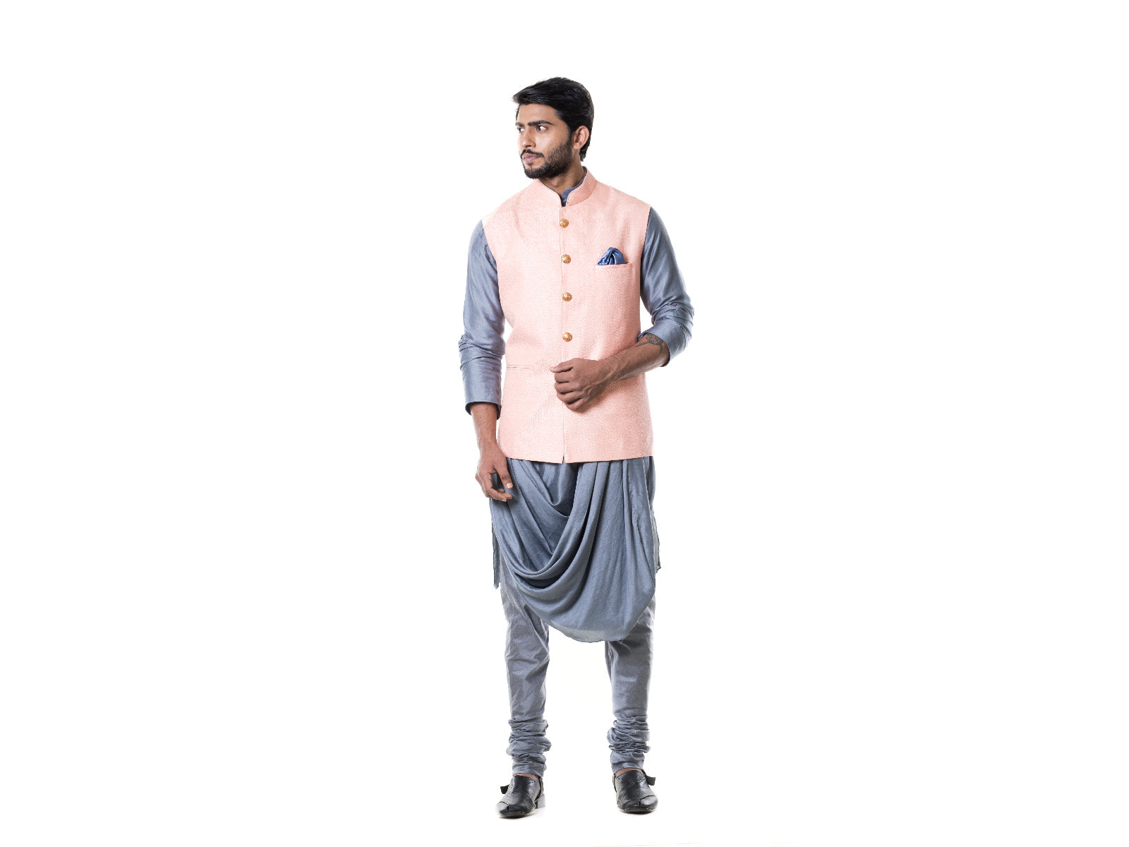 Grey Cowl Kurta with Pink Stitched Line Waist Coat