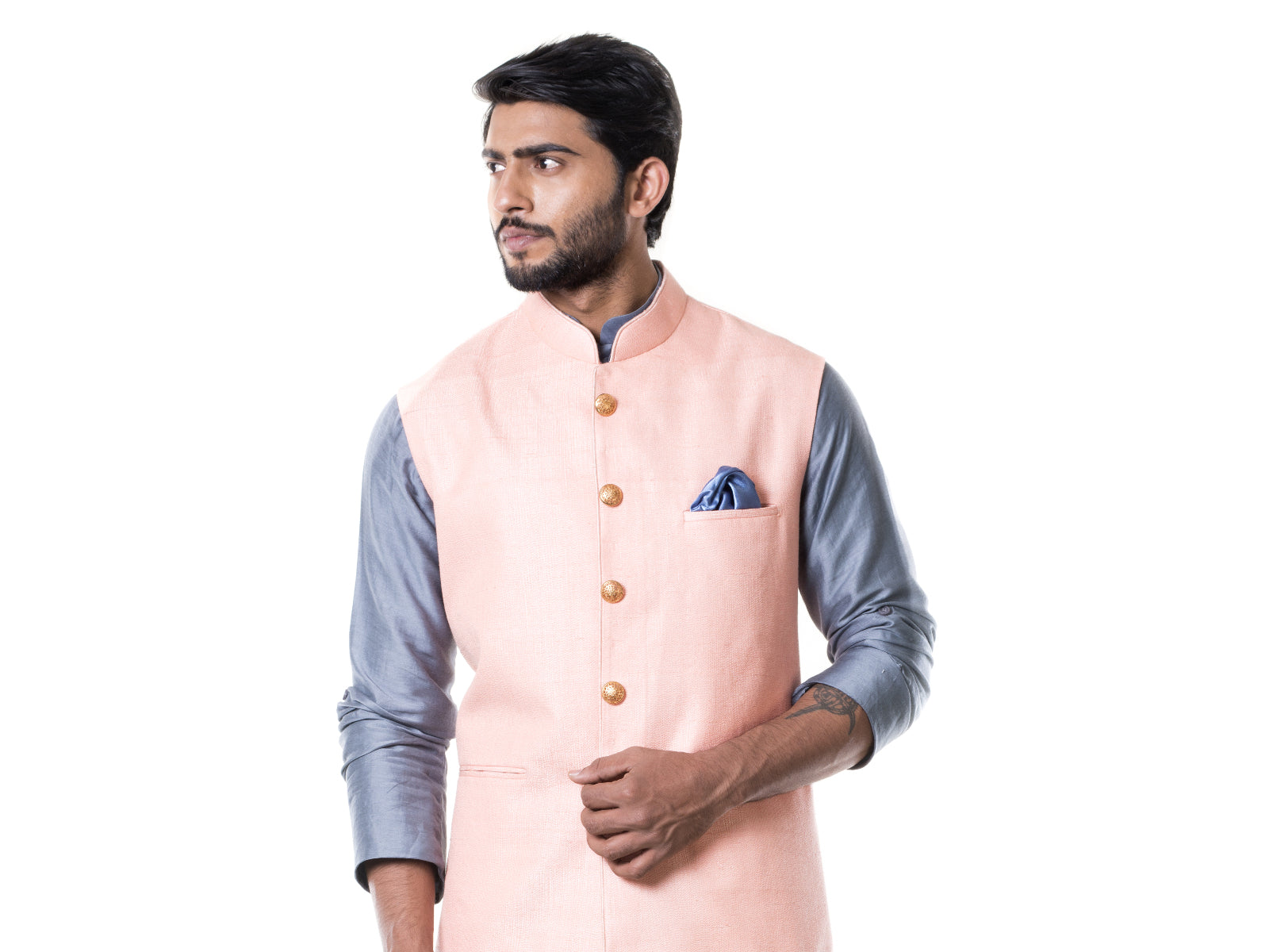 Grey Cowl Kurta with Pink Stitched Line Waist Coat