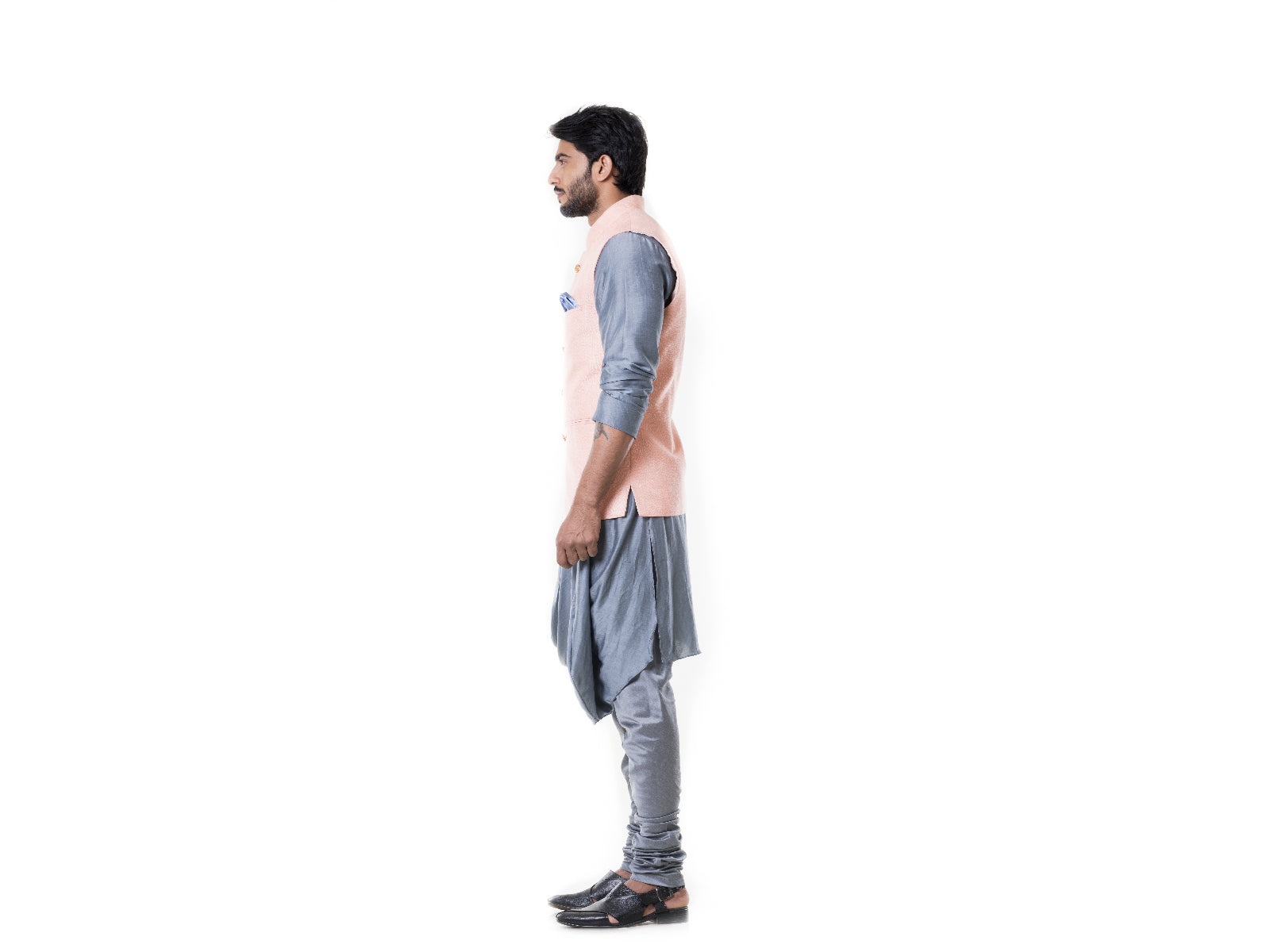 Grey Cowl Kurta with Pink Stitched Line Waist Coat