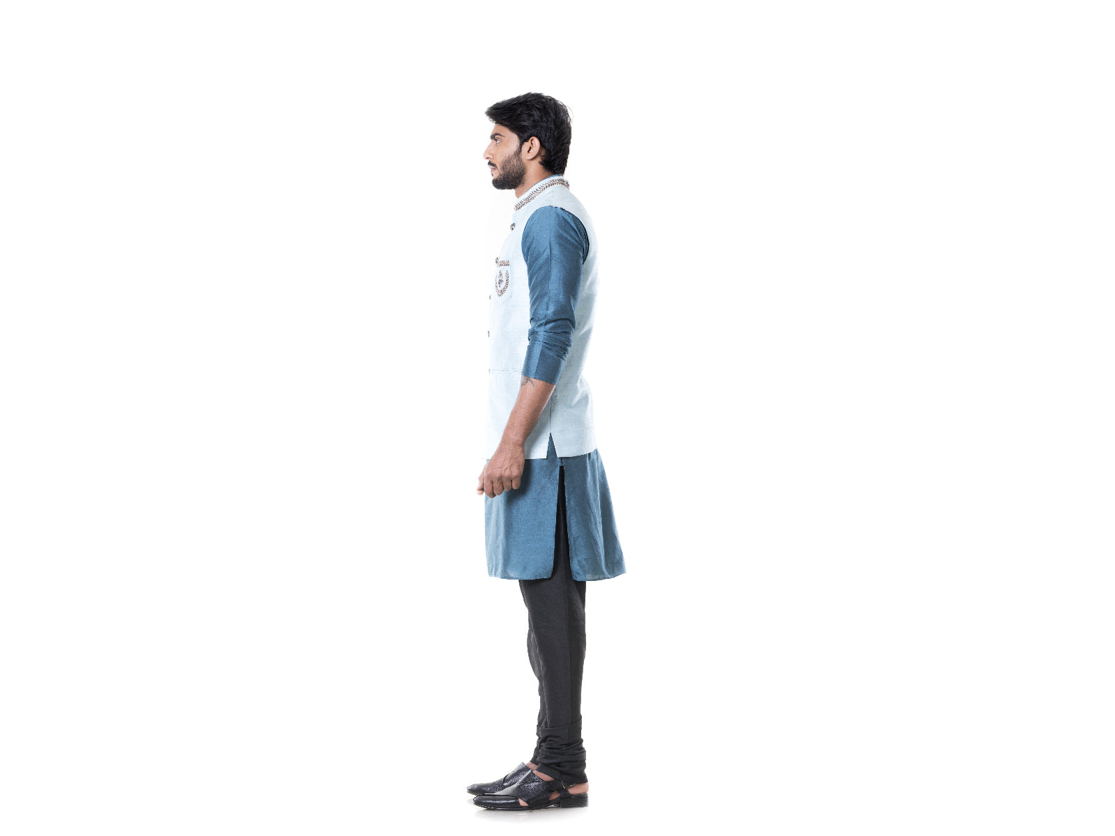 Blue kurta and  Black Churidar with Powder Blue Waist Coat Set