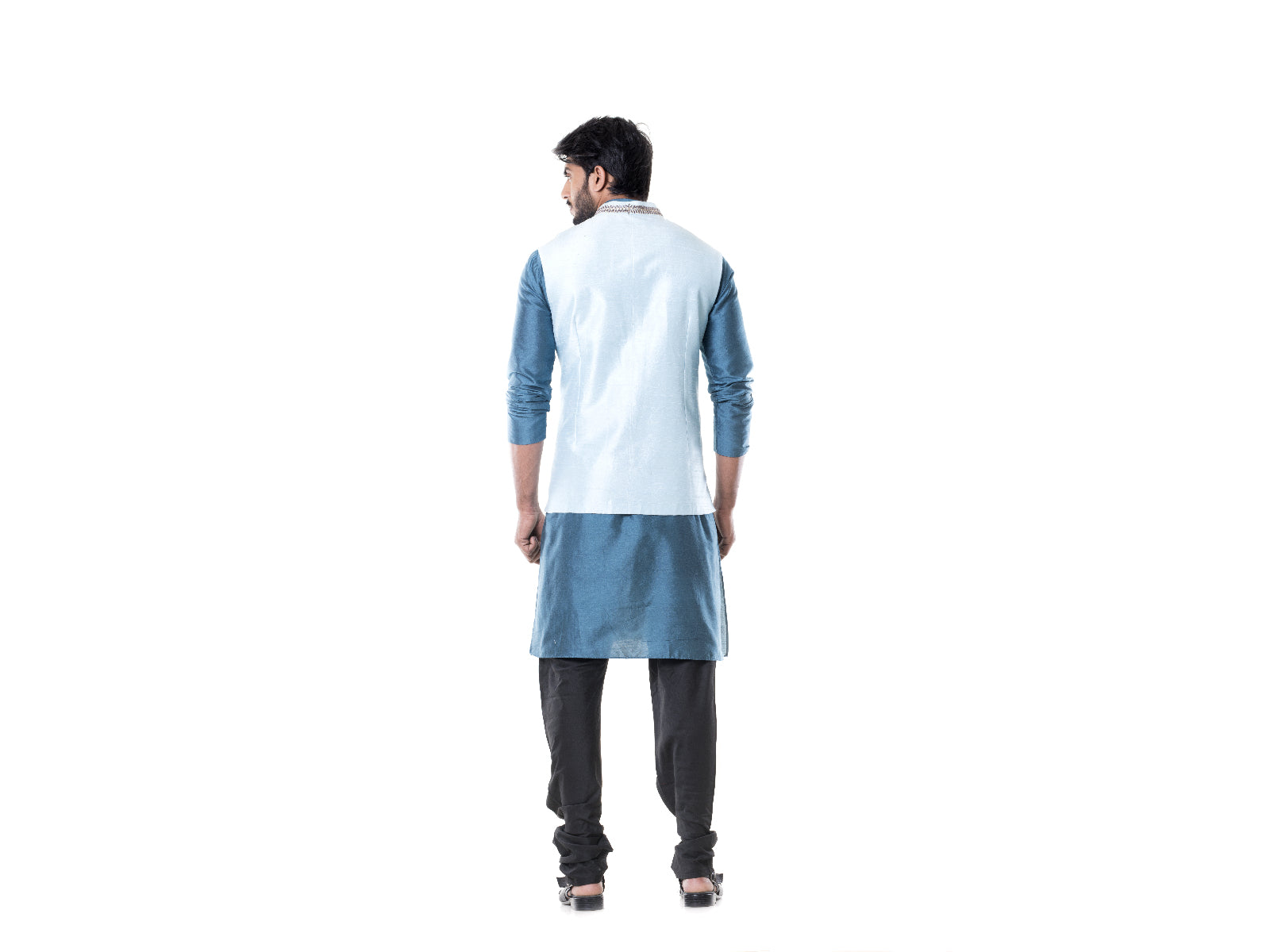 Blue kurta and  Black Churidar with Powder Blue Waist Coat Set