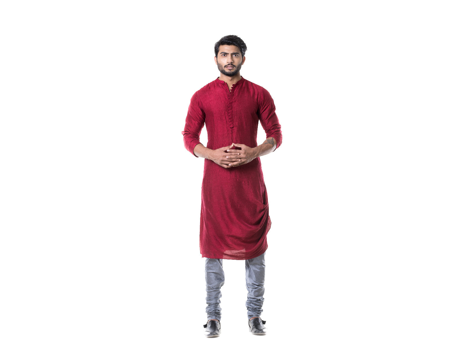 Maroon Cowl Kurta with Grey Churidar.