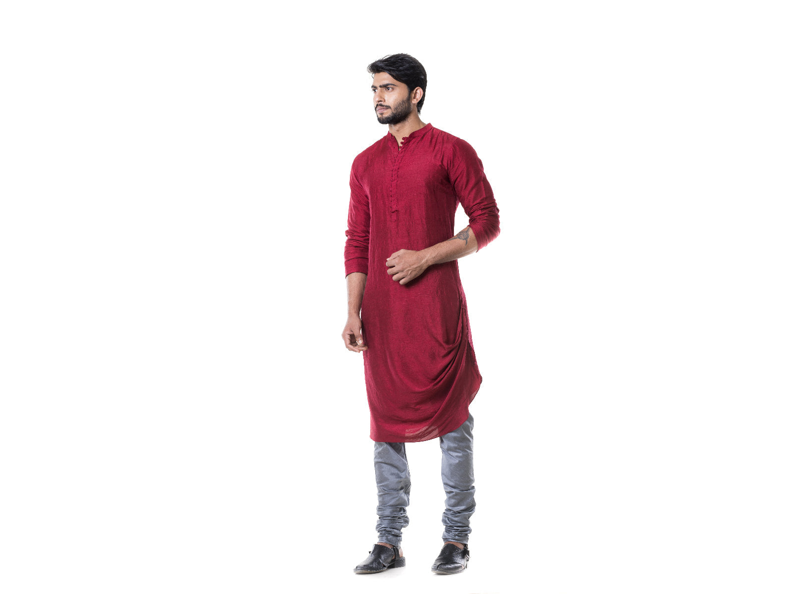Maroon Cowl Kurta with Grey Churidar.