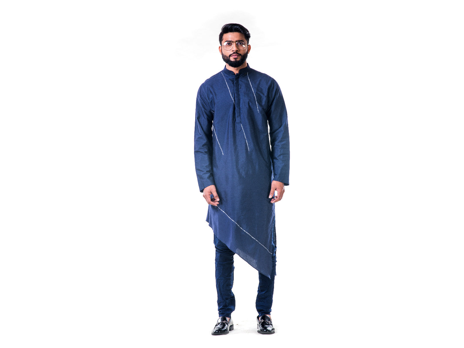 Midnight Blue Asymmetrical Hemline Embroidered kurta Set