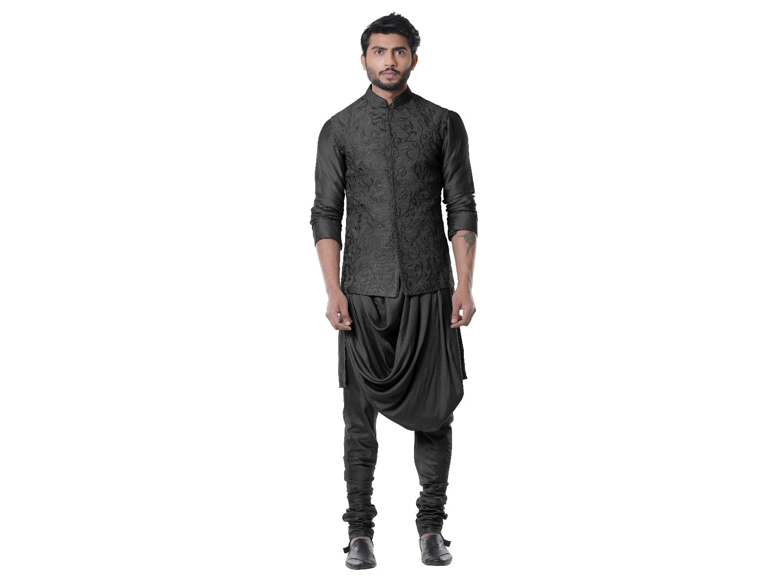 Jade black Cowl Kurta with Full Embroidered Black Waist Coat set