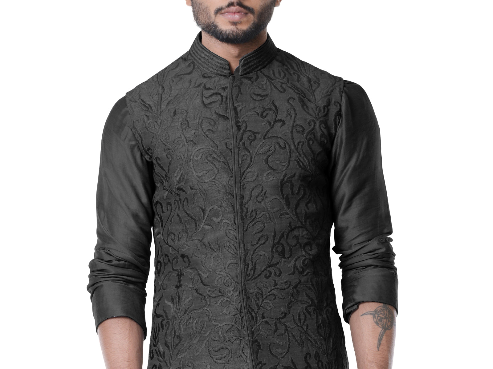 Jade black Cowl Kurta with Full Embroidered Black Waist Coat set