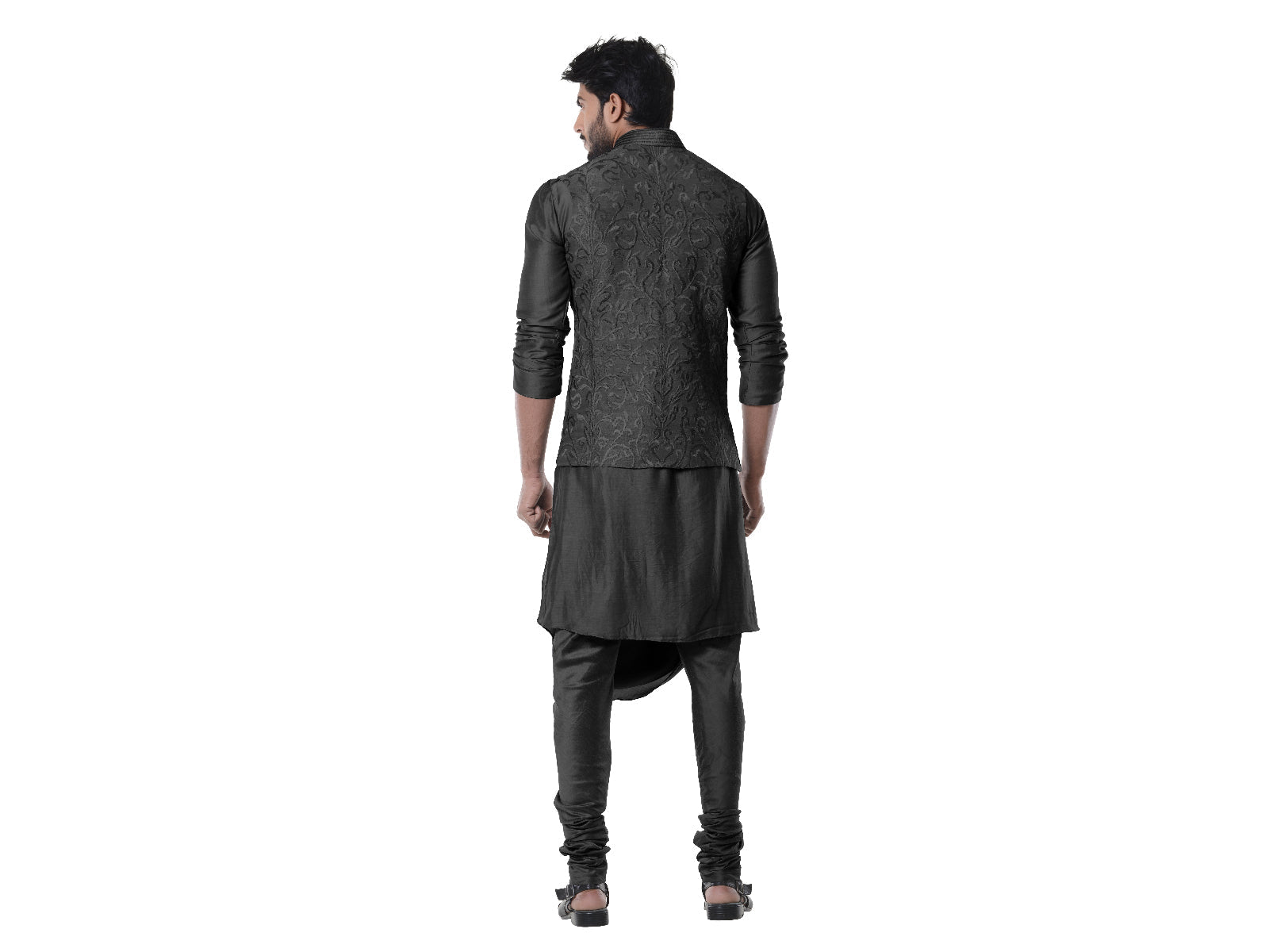 Jade black Cowl Kurta with Full Embroidered Black Waist Coat set