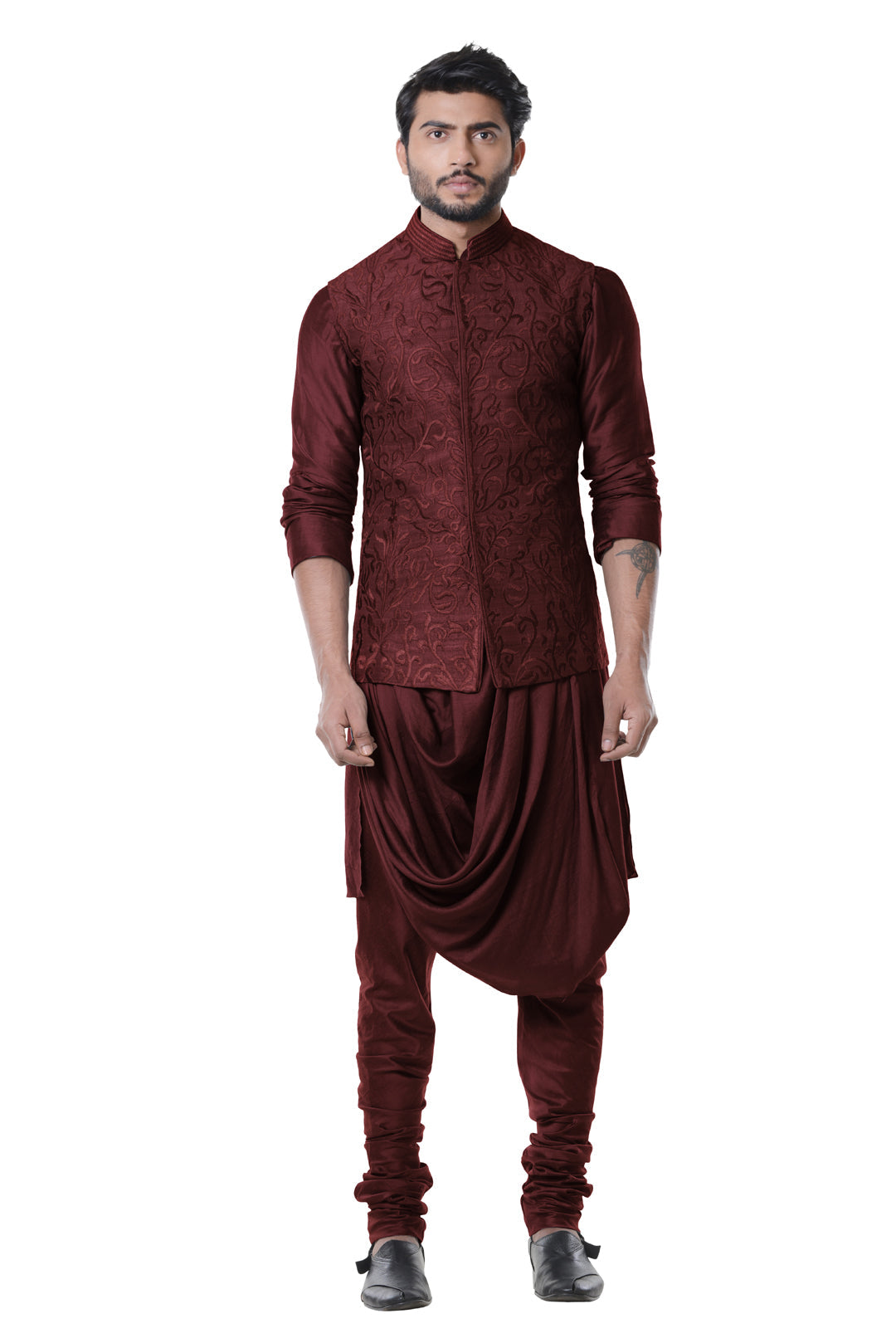 Wine Cowl Kurta with Full Embroidered Wine Waist Coat set.